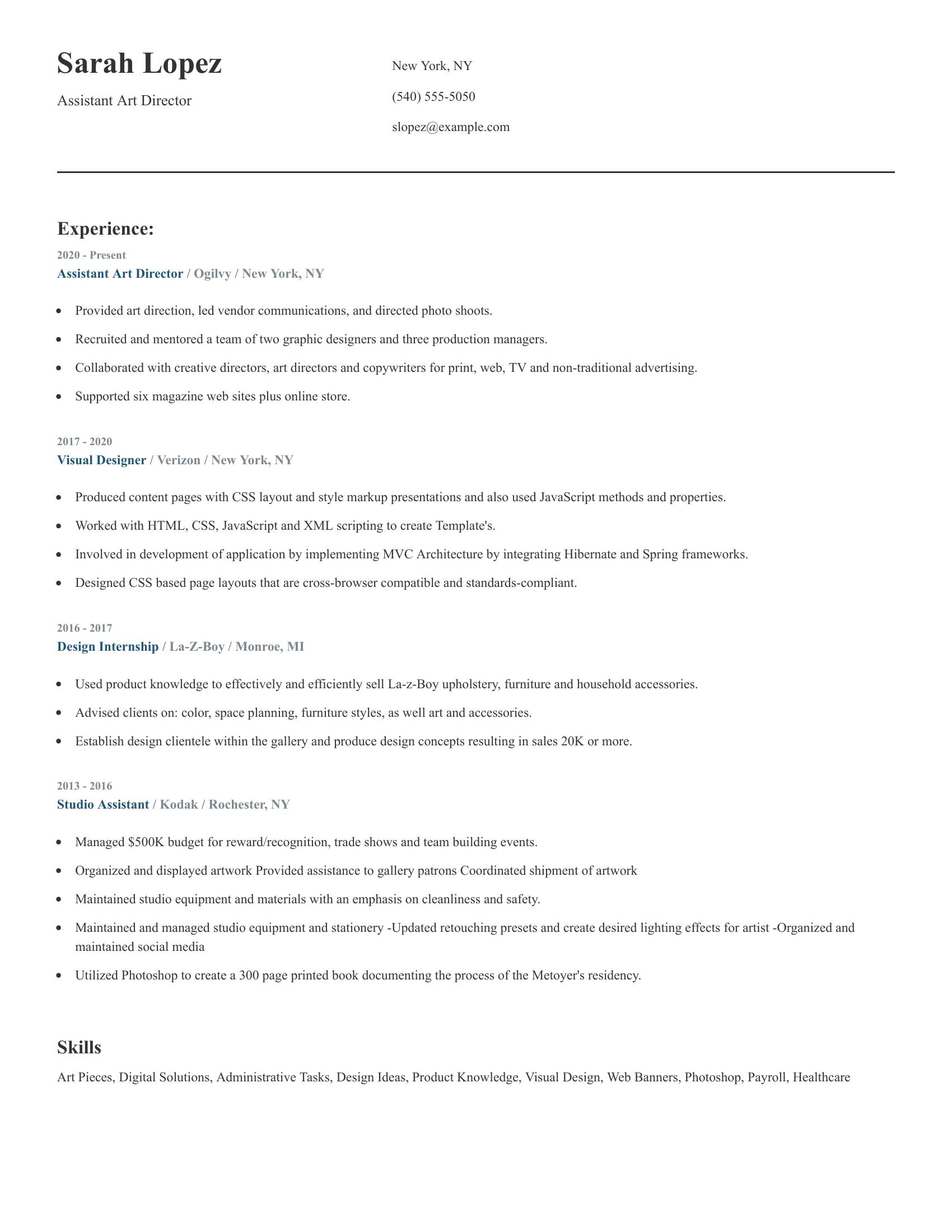 Assistant Art Director resume example