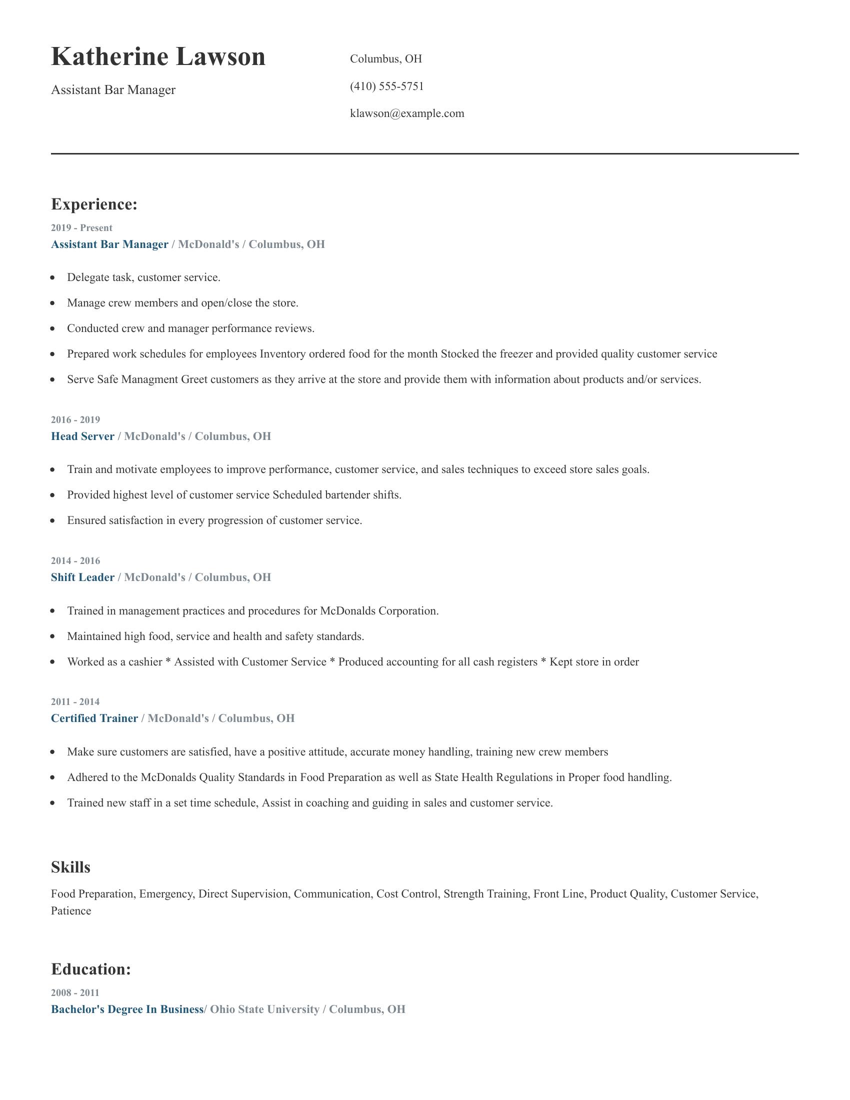 Assistant Bar Manager resume example