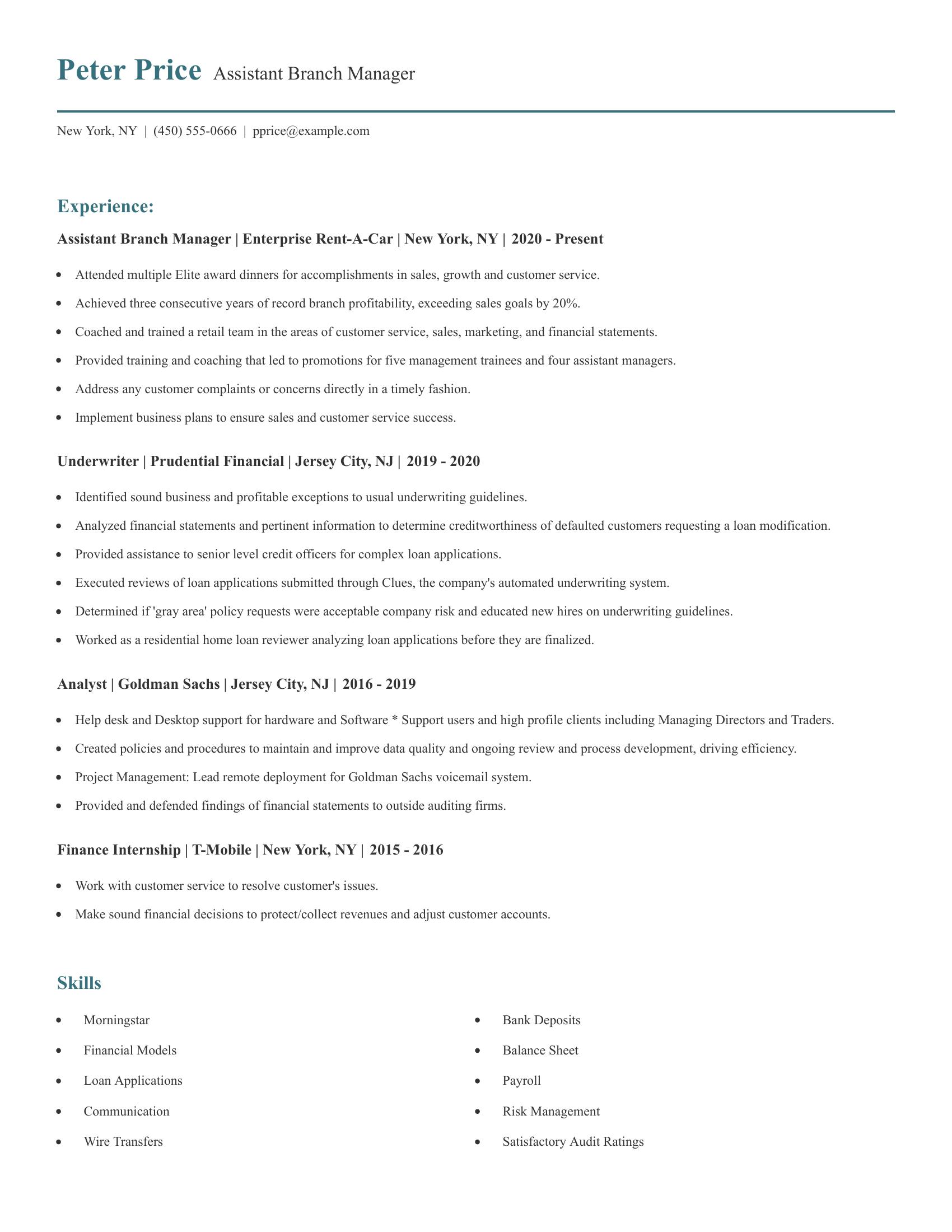 Assistant Branch Manager resume example