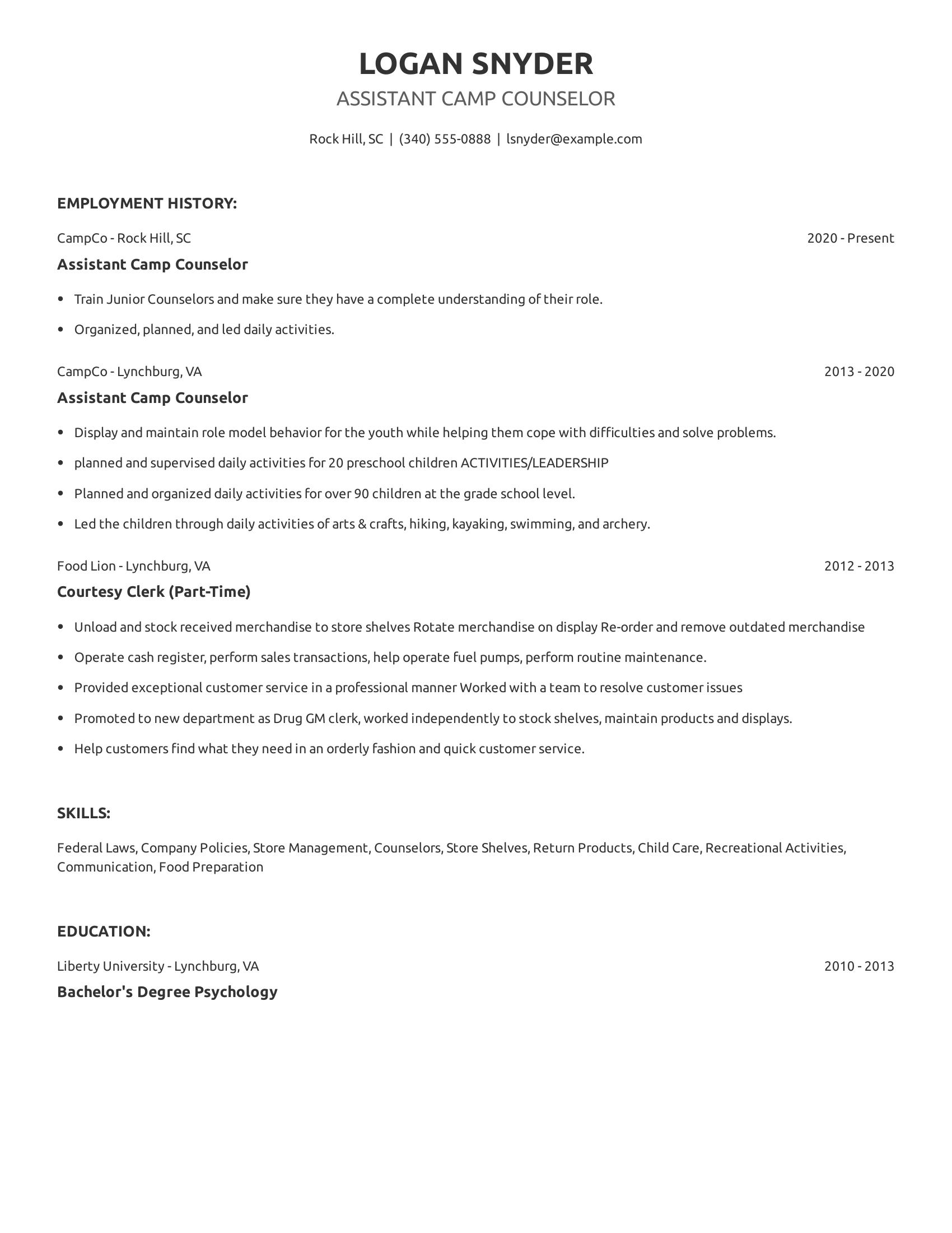 Assistant Camp Counselor resume example