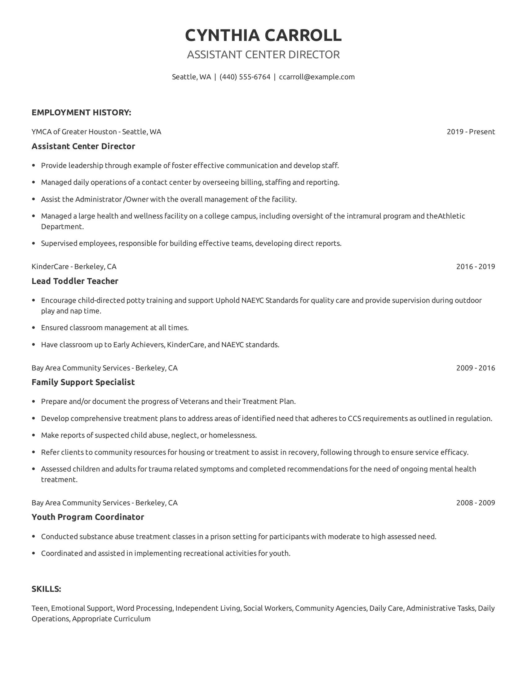 Assistant Center Director resume example