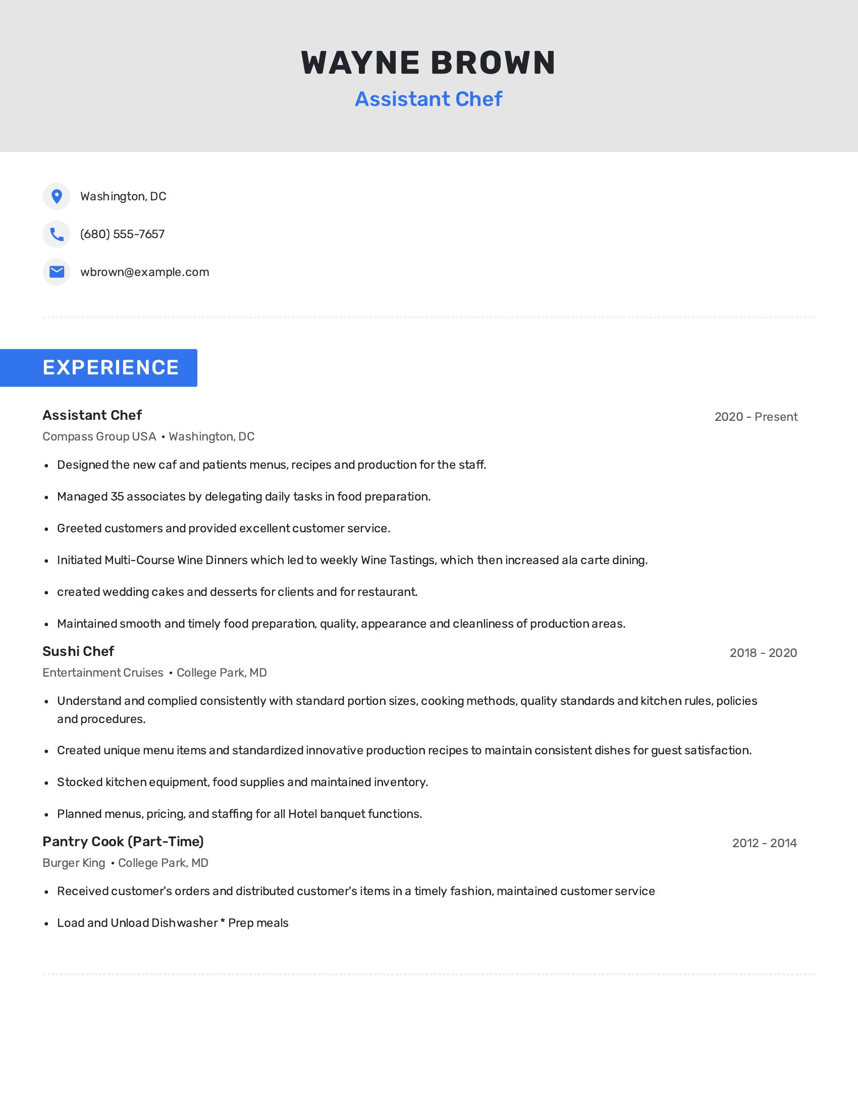 Assistant Chef resume example