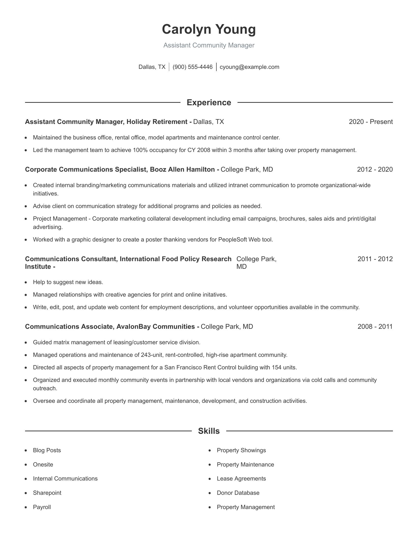 Assistant Community Manager resume example