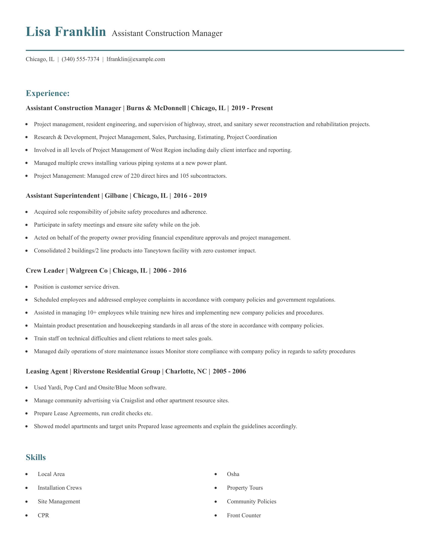 Assistant Construction Manager resume example