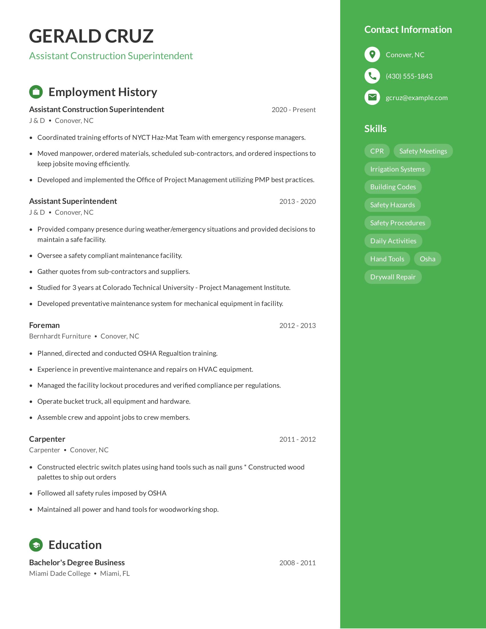 Assistant Construction Superintendent resume example