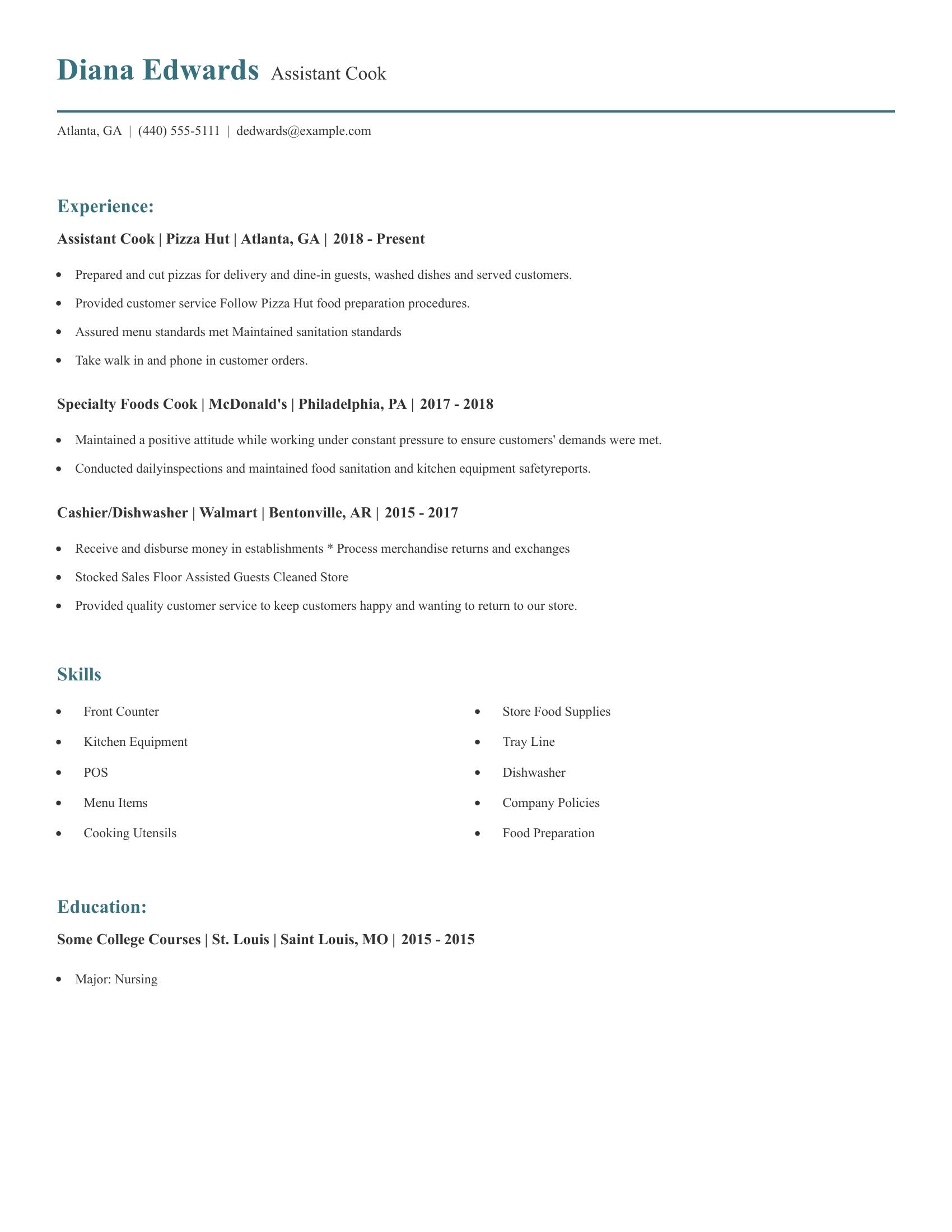 Assistant Cook resume example