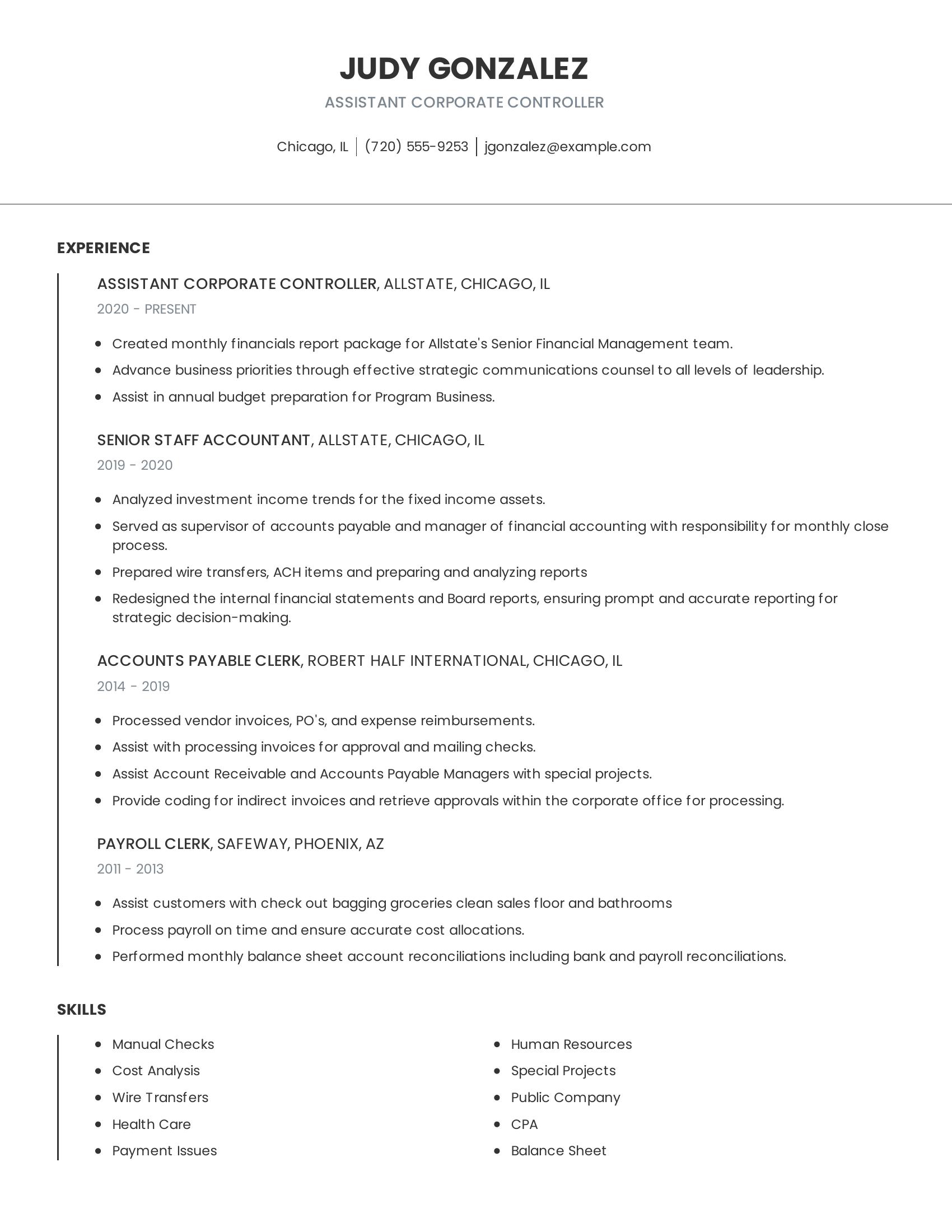 Assistant Corporate Controller resume example