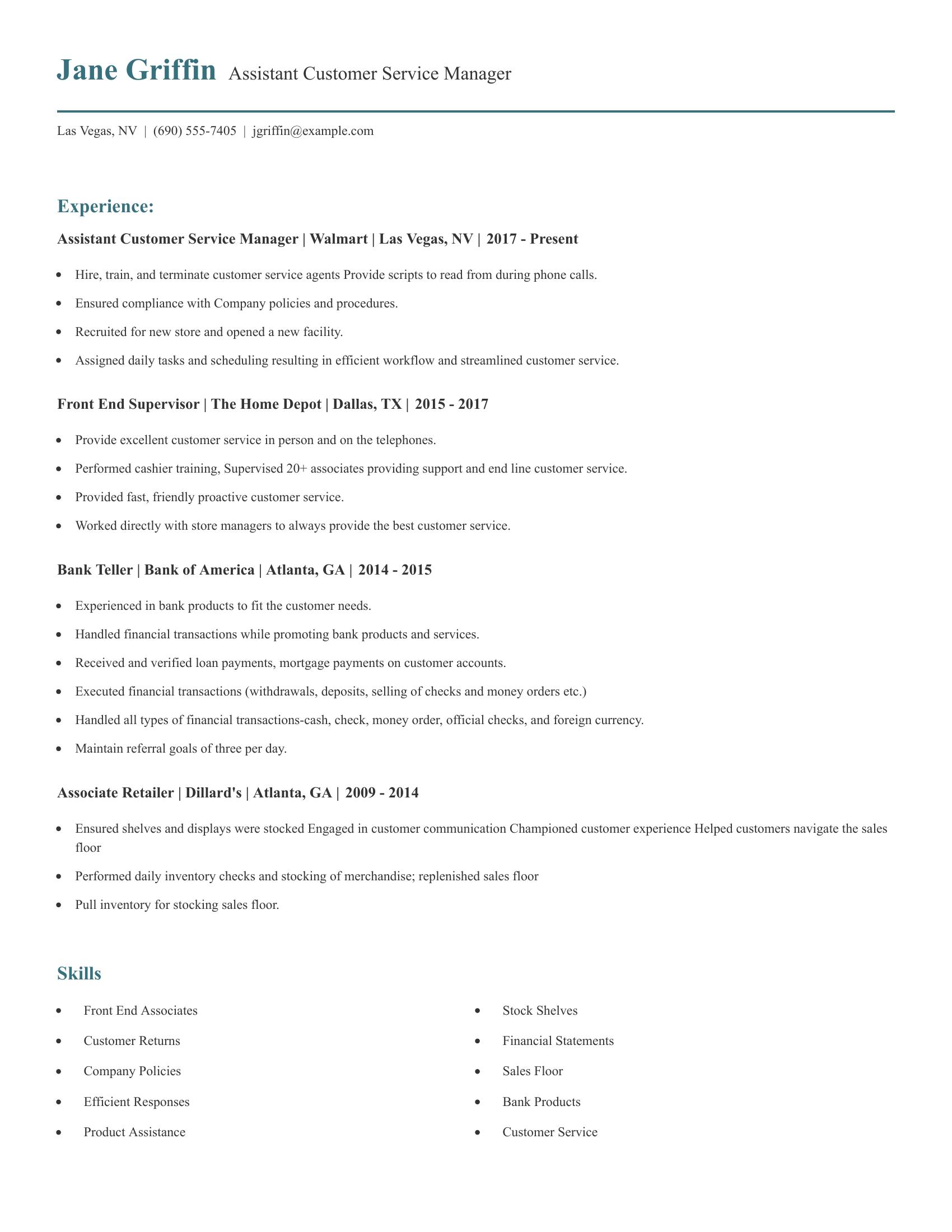 Assistant Customer Service Manager resume example