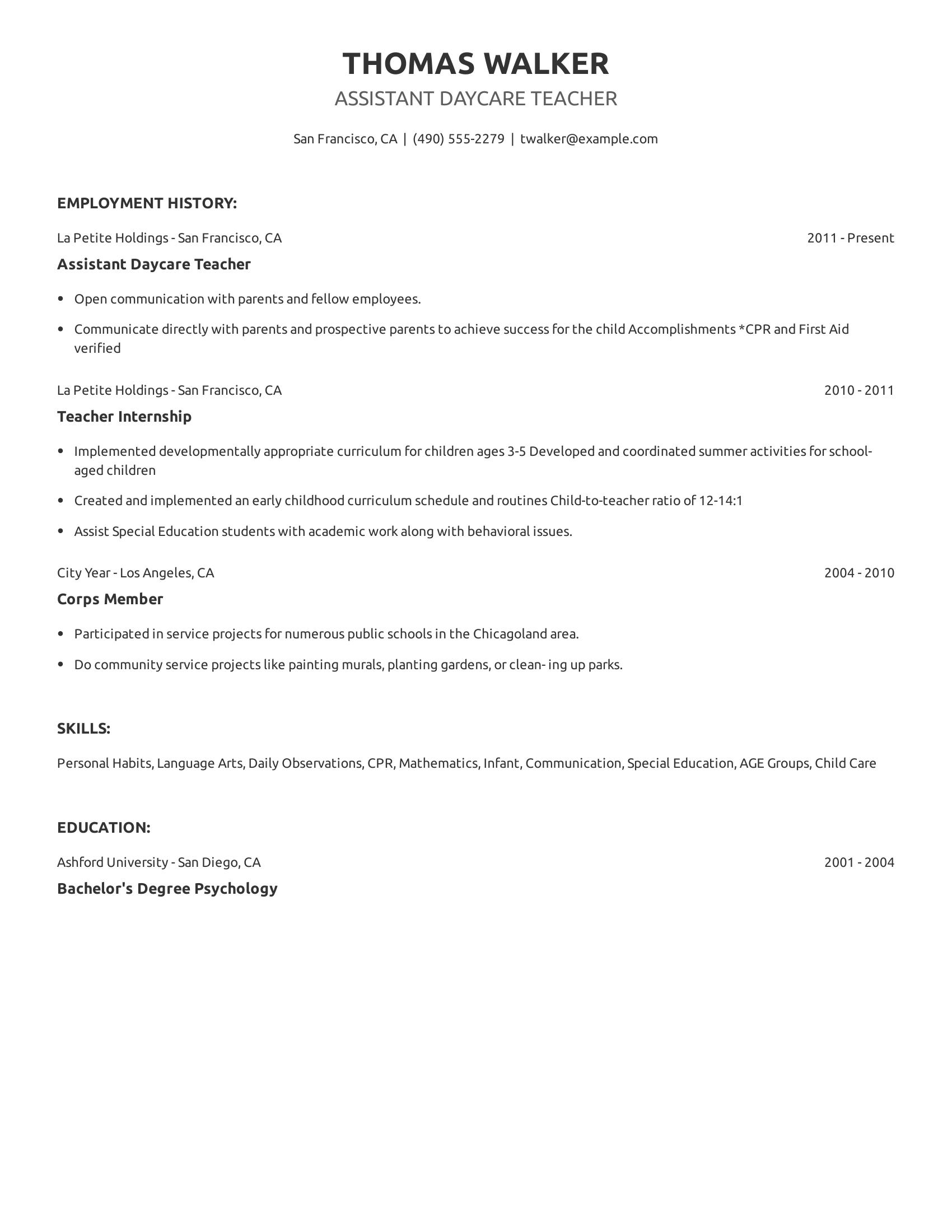 Assistant Daycare Teacher resume example