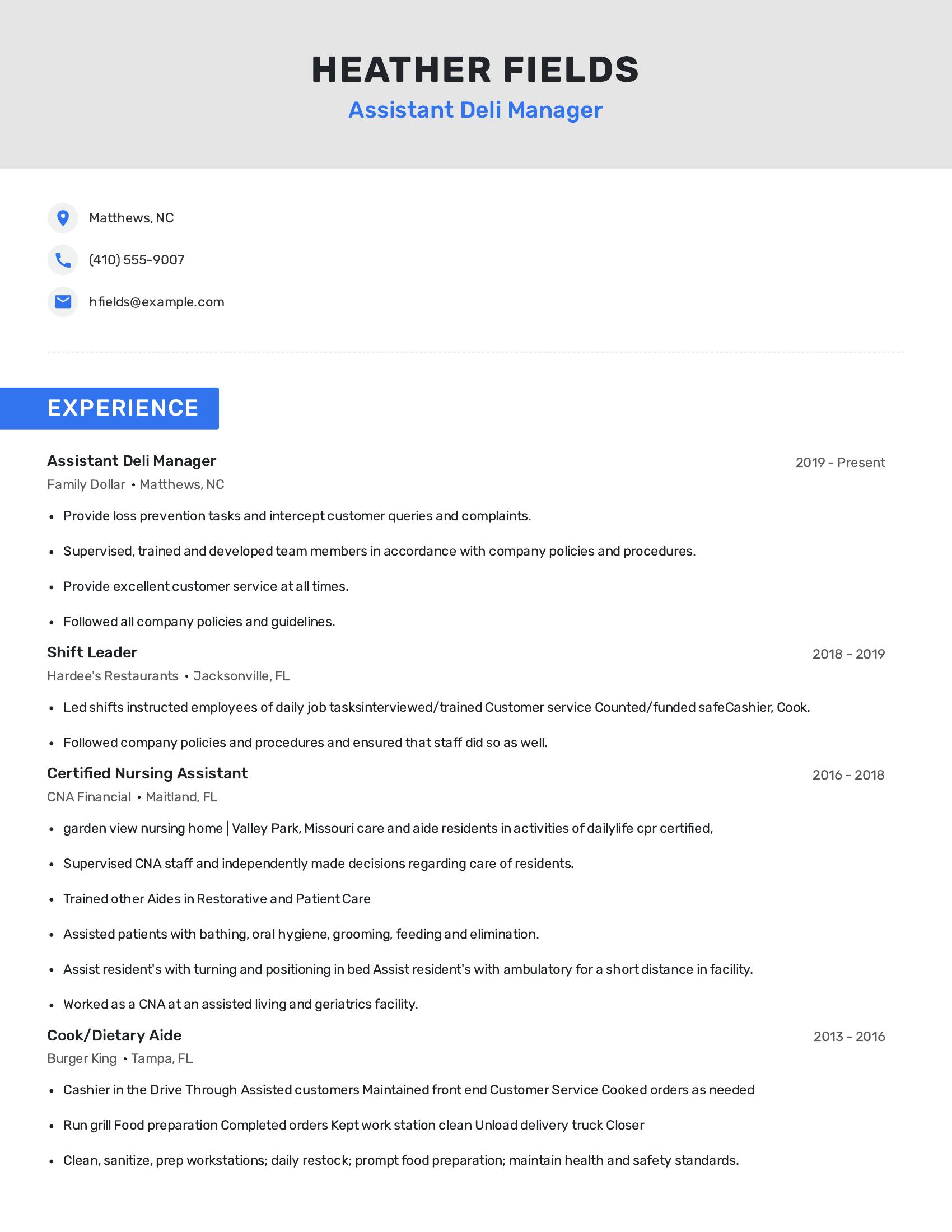 Assistant Deli Manager resume example