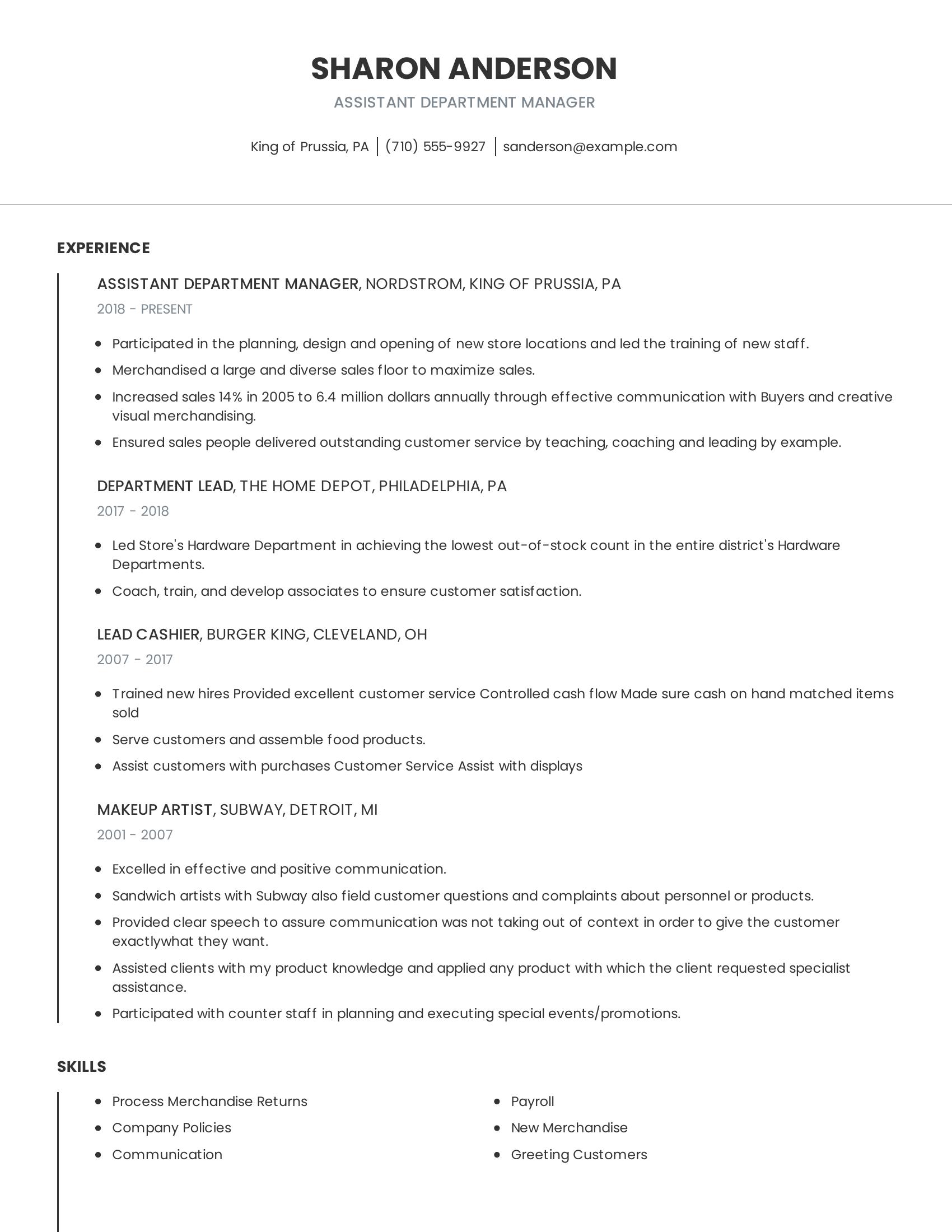 Assistant Department Manager resume example