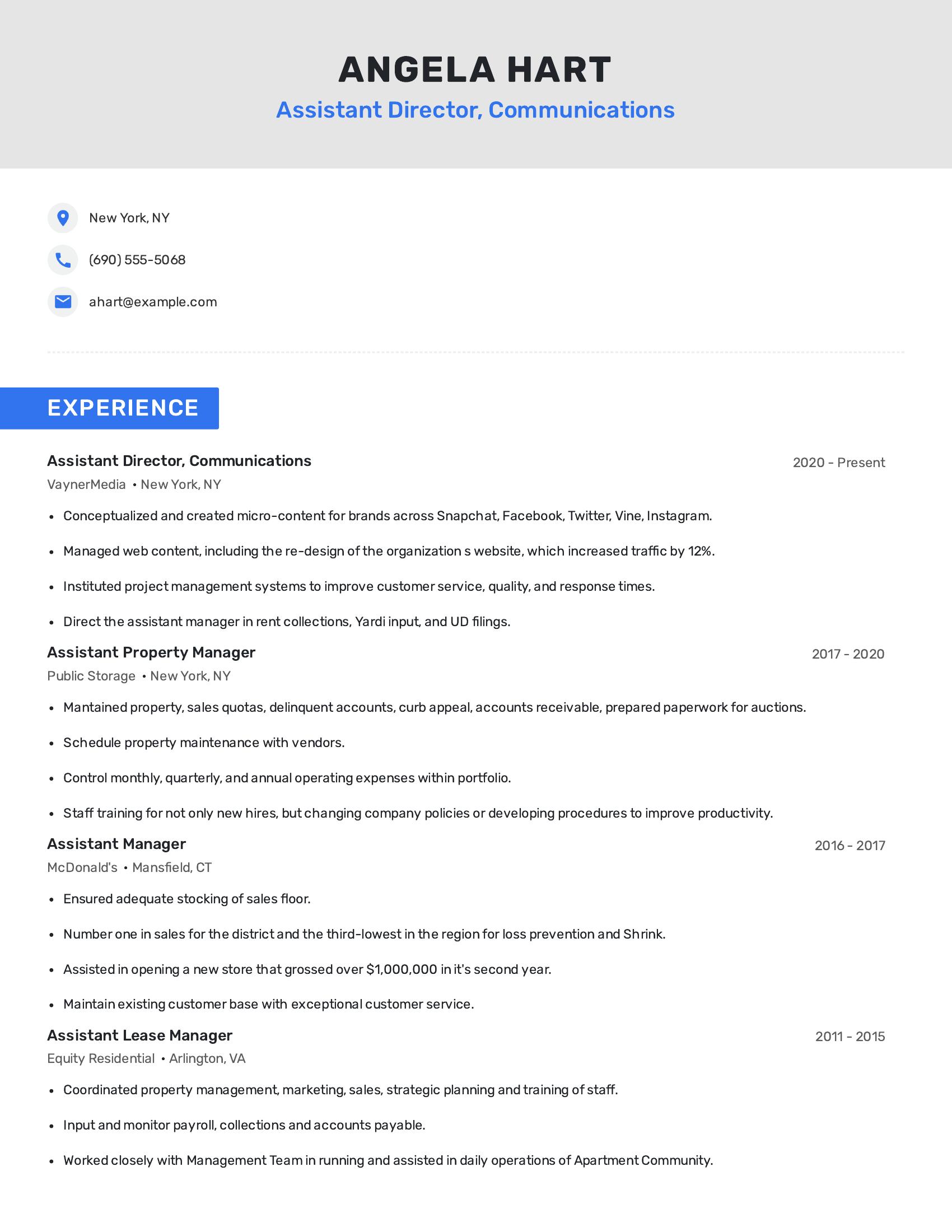 Assistant Director, Communications resume example