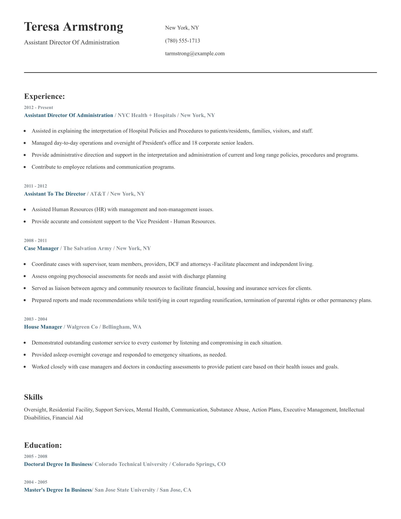 Assistant Director Of Administration resume example