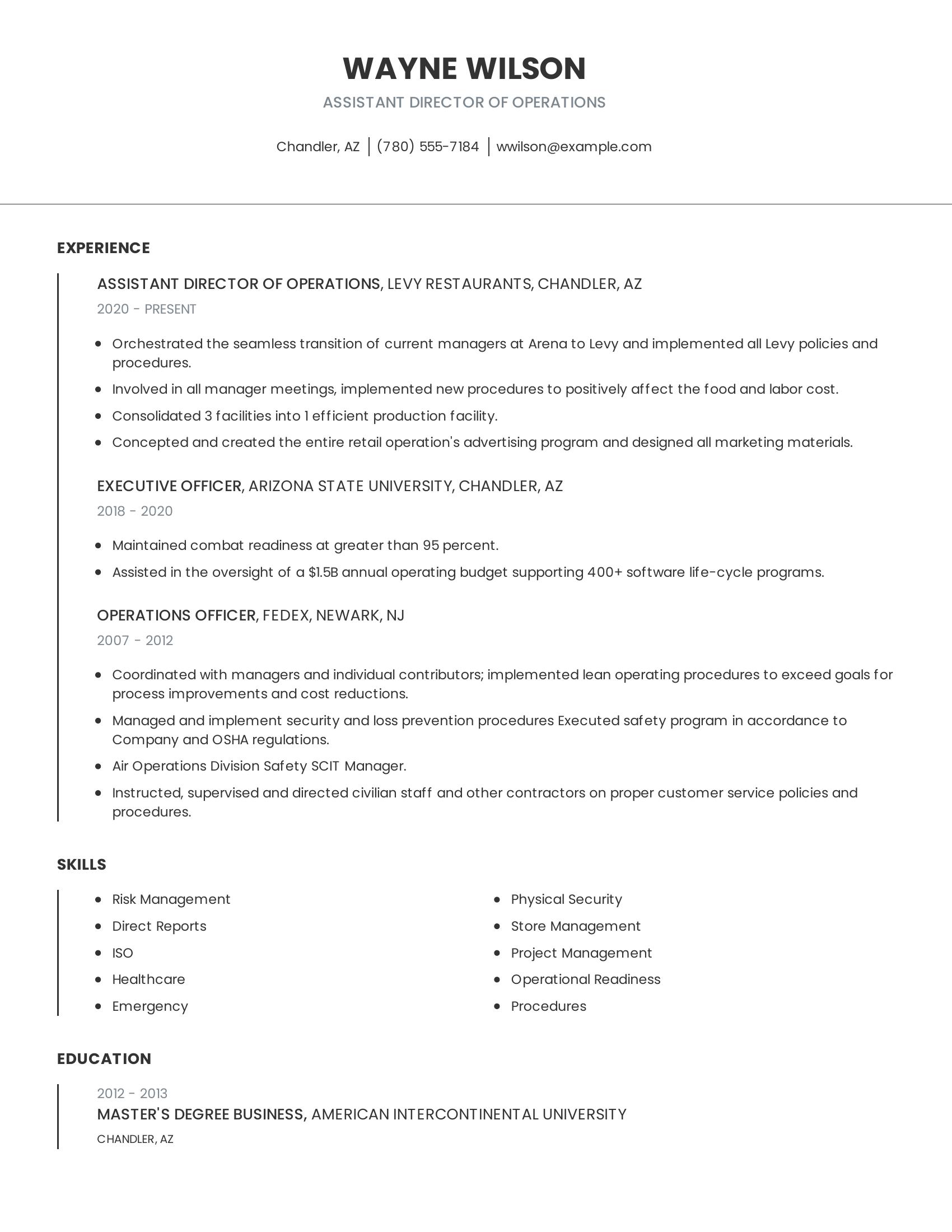 Assistant Director Of Operations resume example