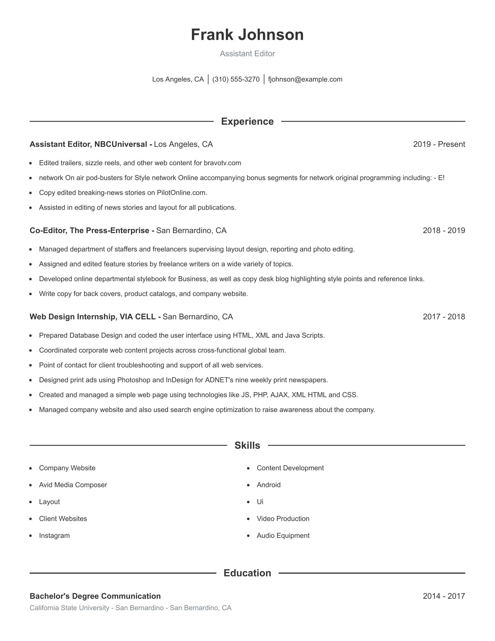 Assistant Editor resume example