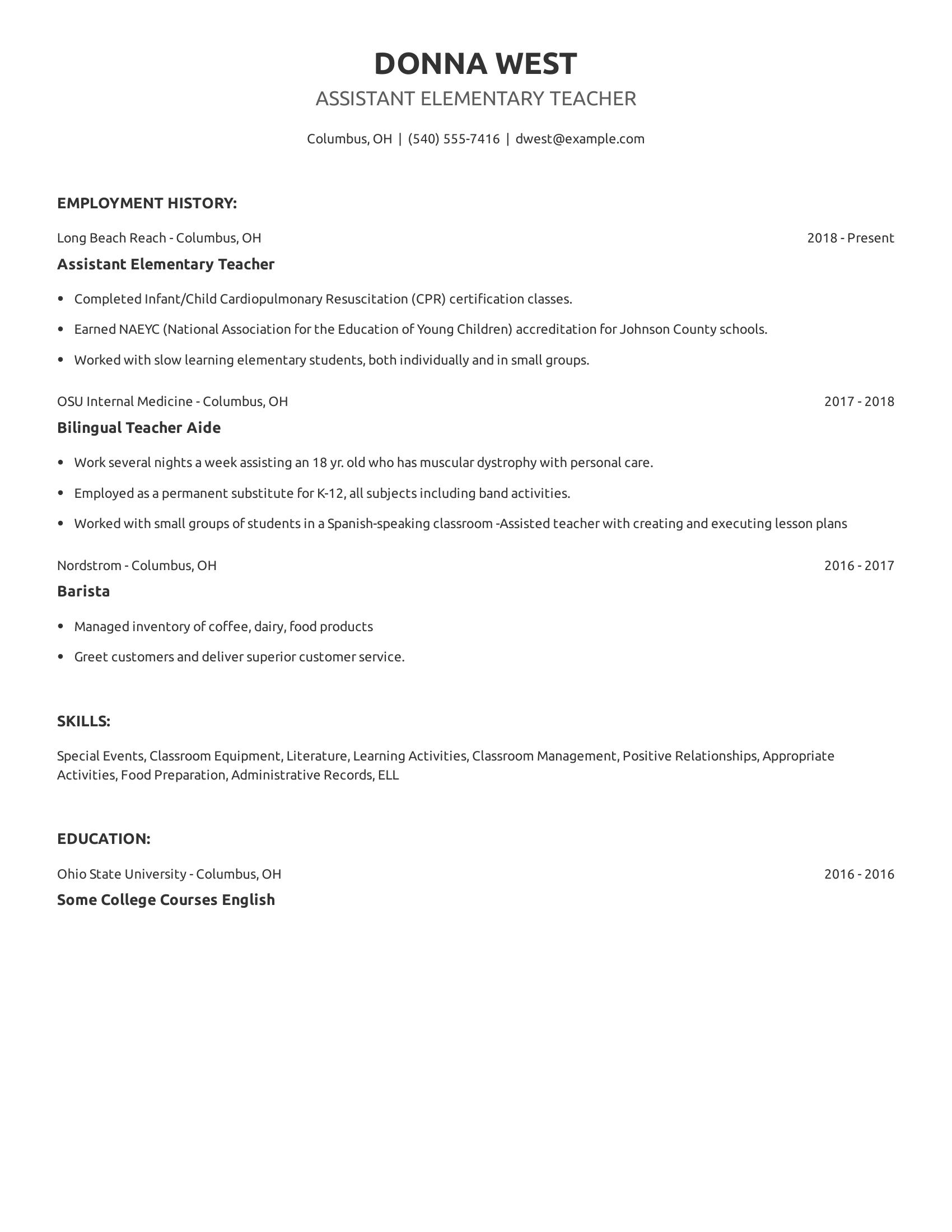 Assistant Elementary Teacher resume example