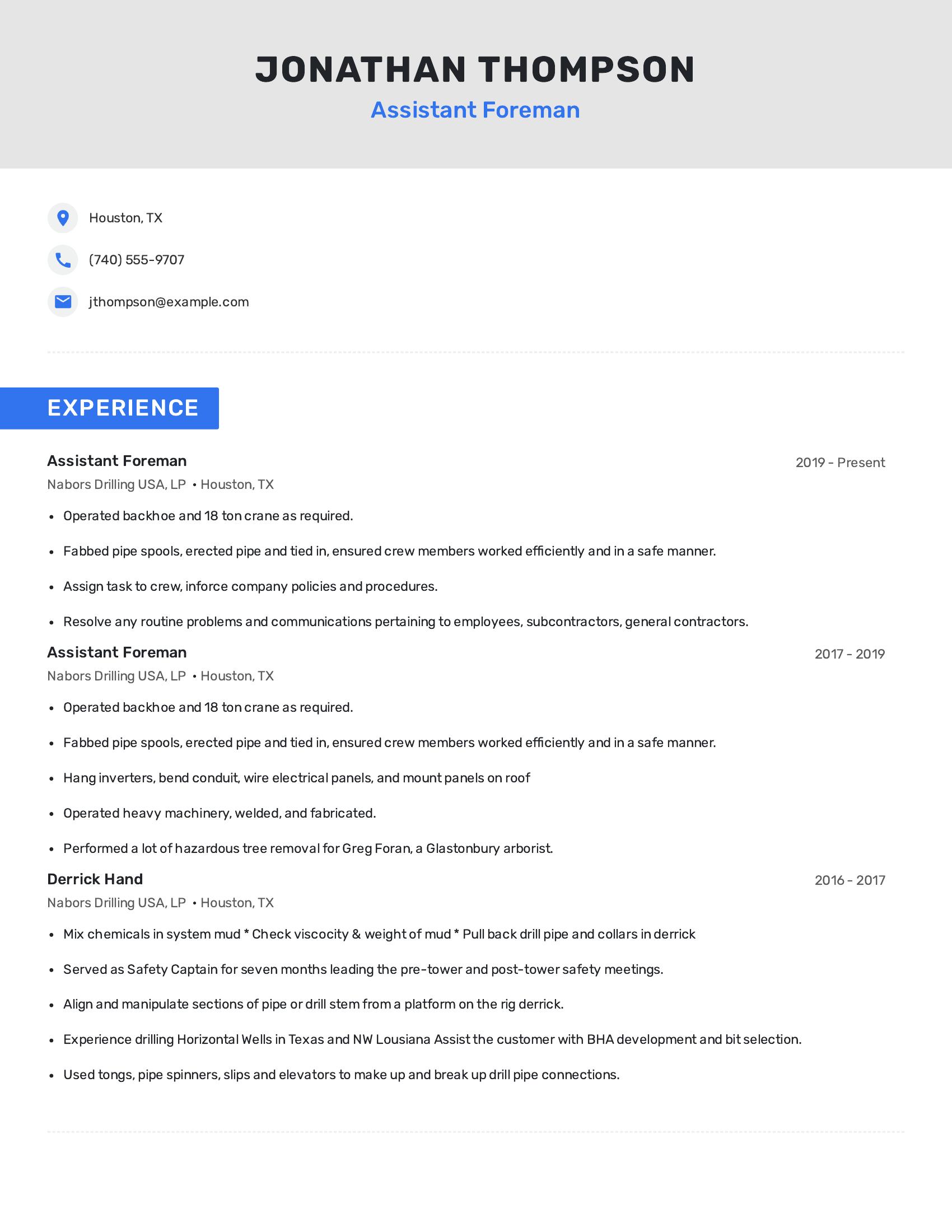 Assistant Foreman resume example