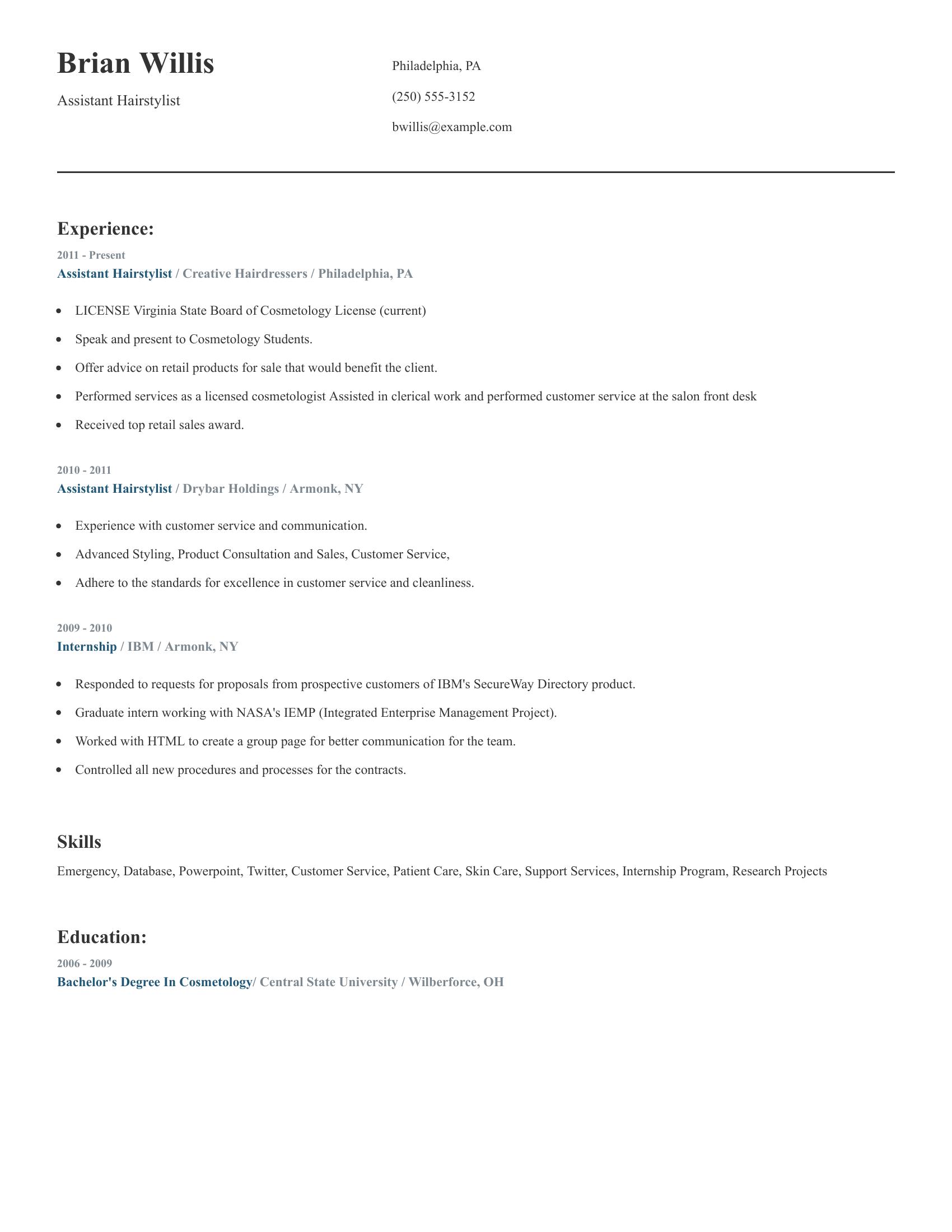 Assistant Hairstylist resume example