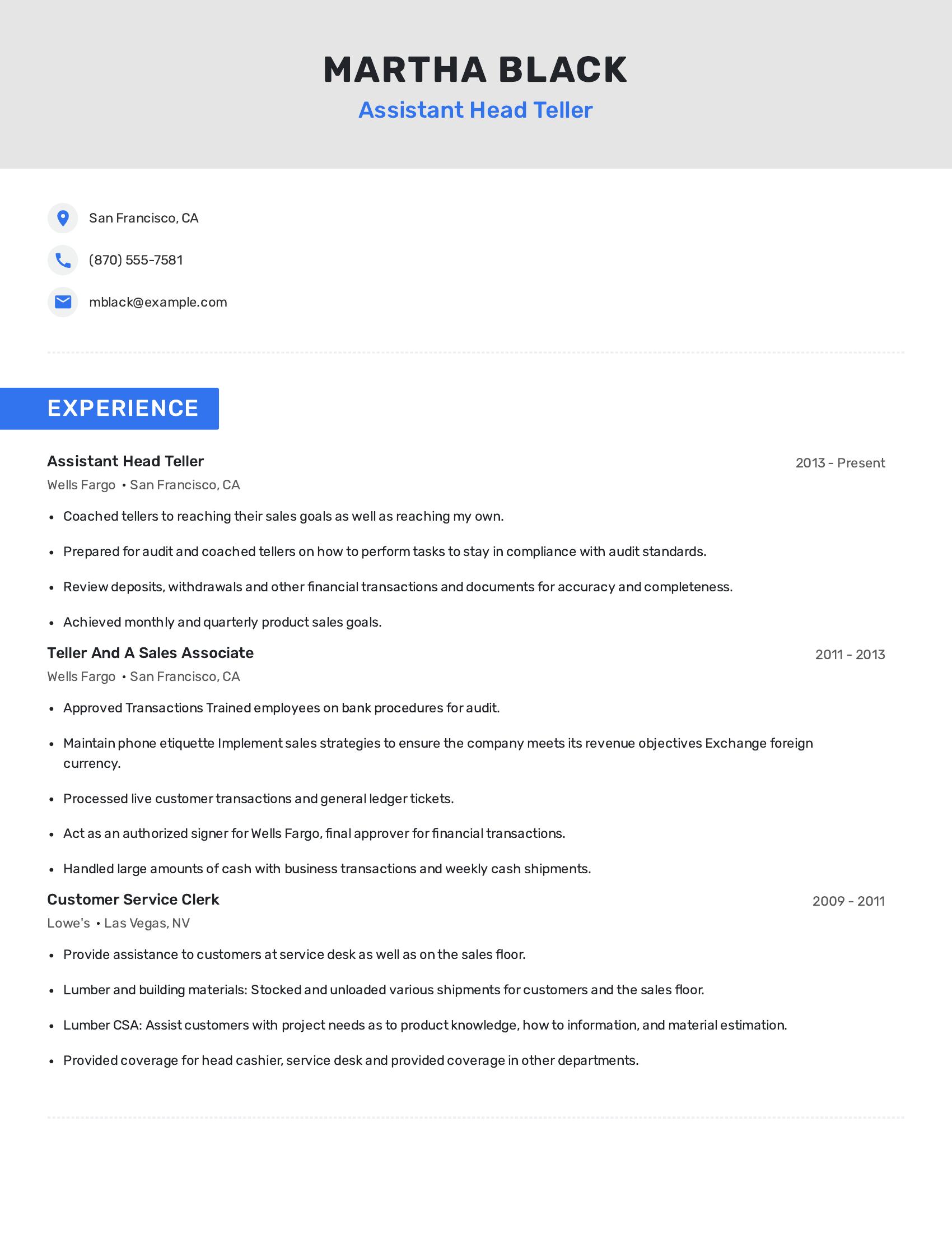 Assistant Head Teller resume example