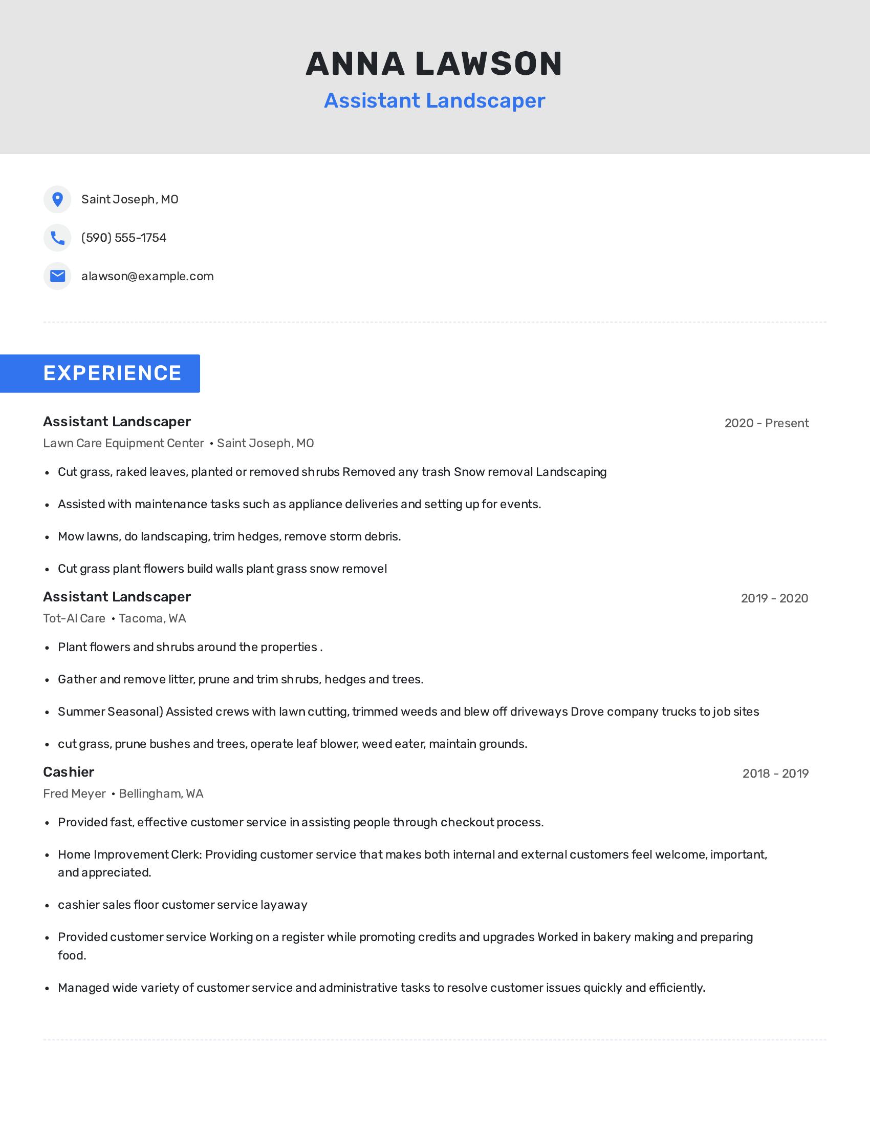 Assistant Landscaper resume example