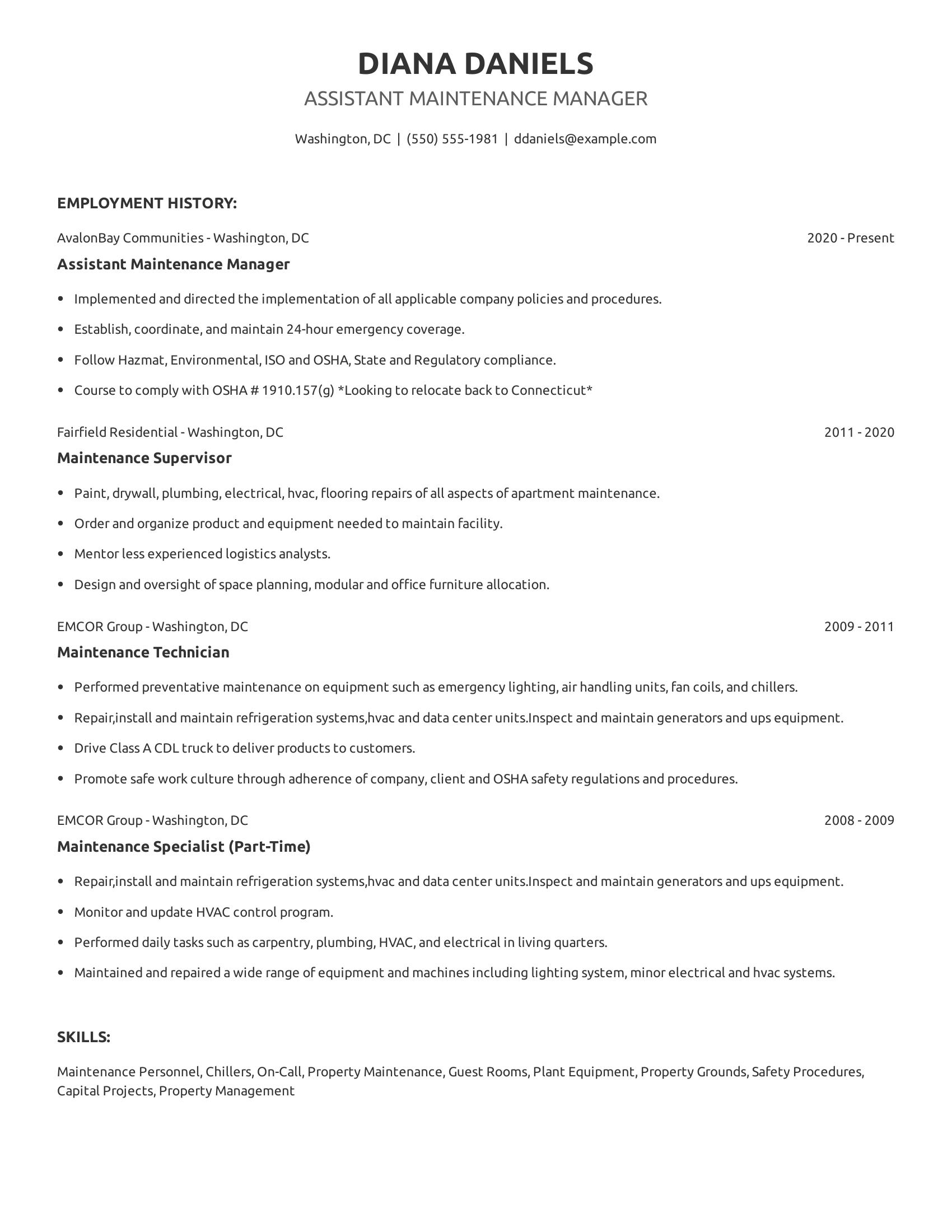 Assistant Maintenance Manager resume example