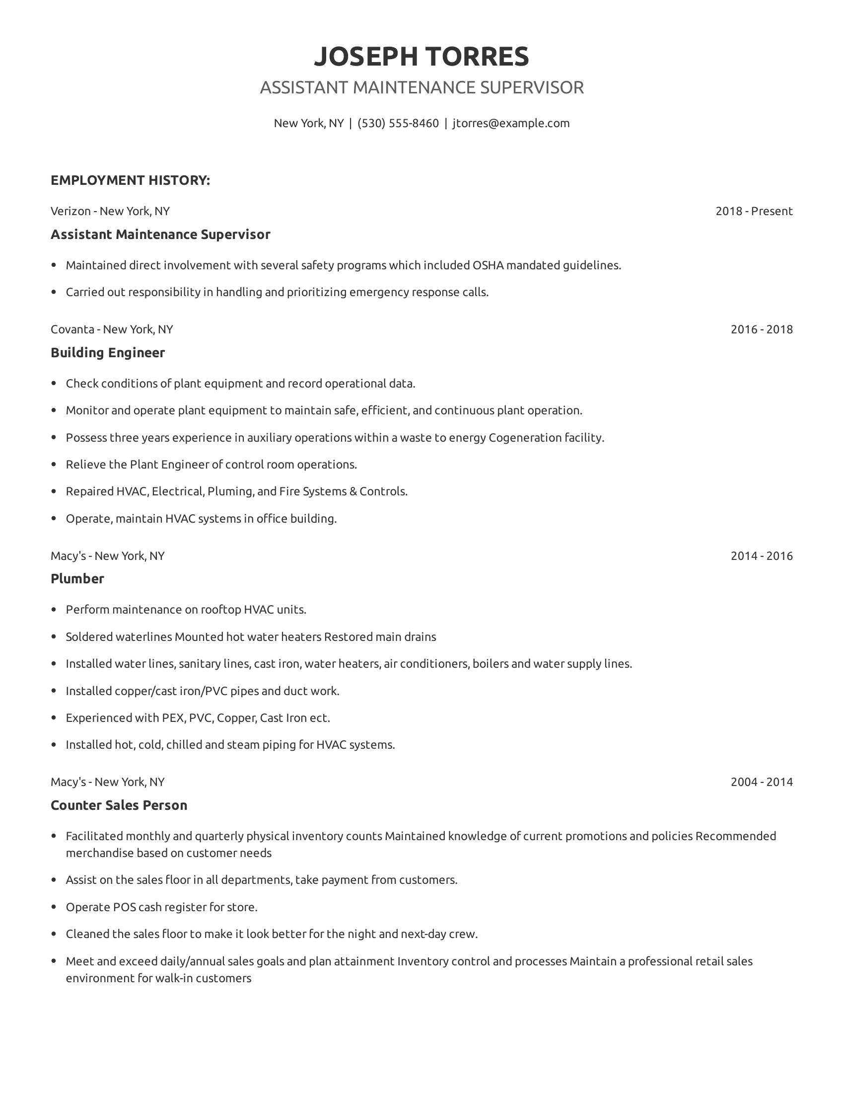 Assistant Maintenance Supervisor resume example