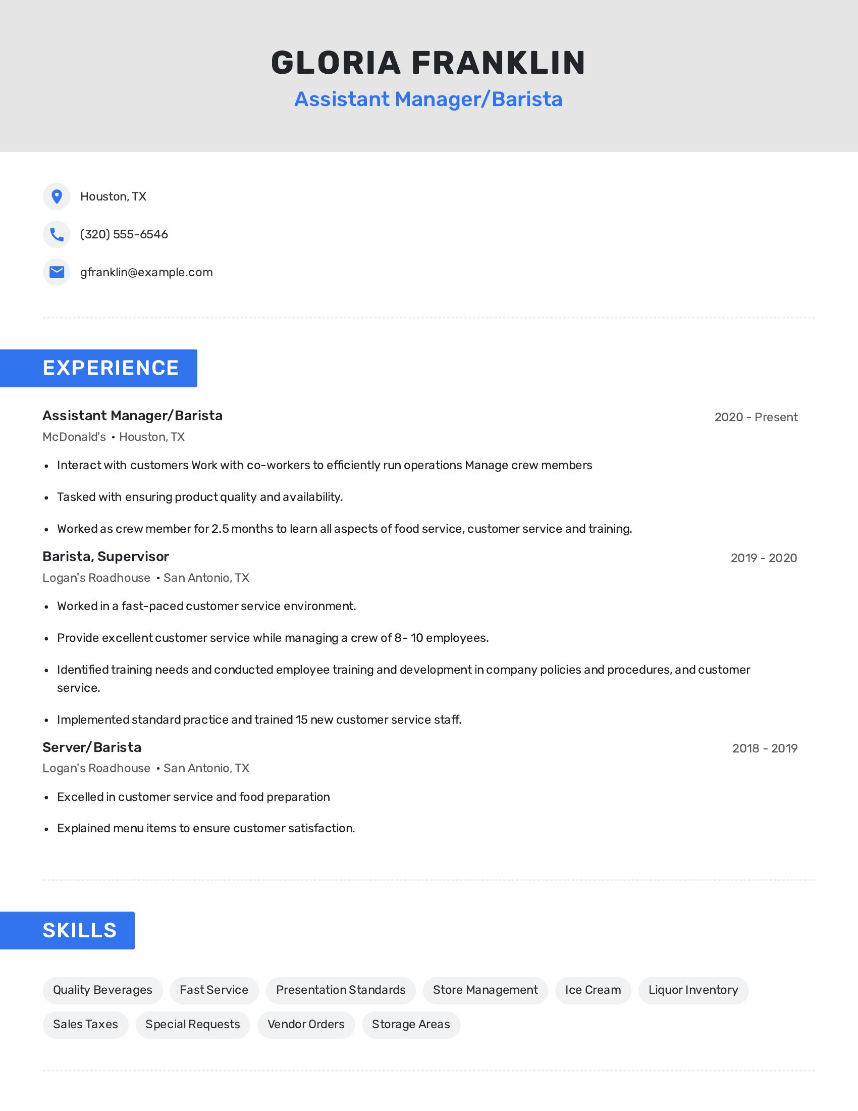 Assistant Manager/Barista resume example