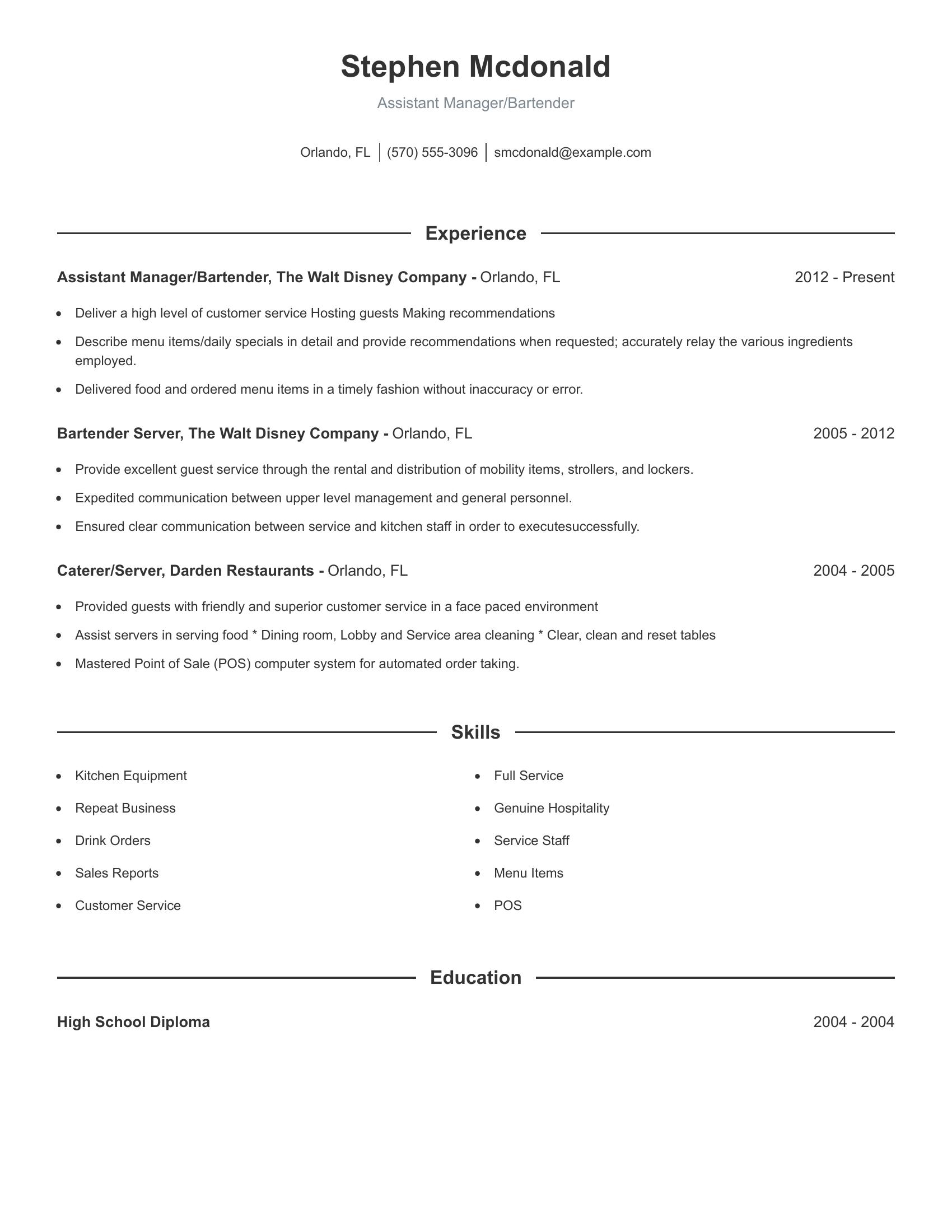 Assistant Manager/Bartender resume example