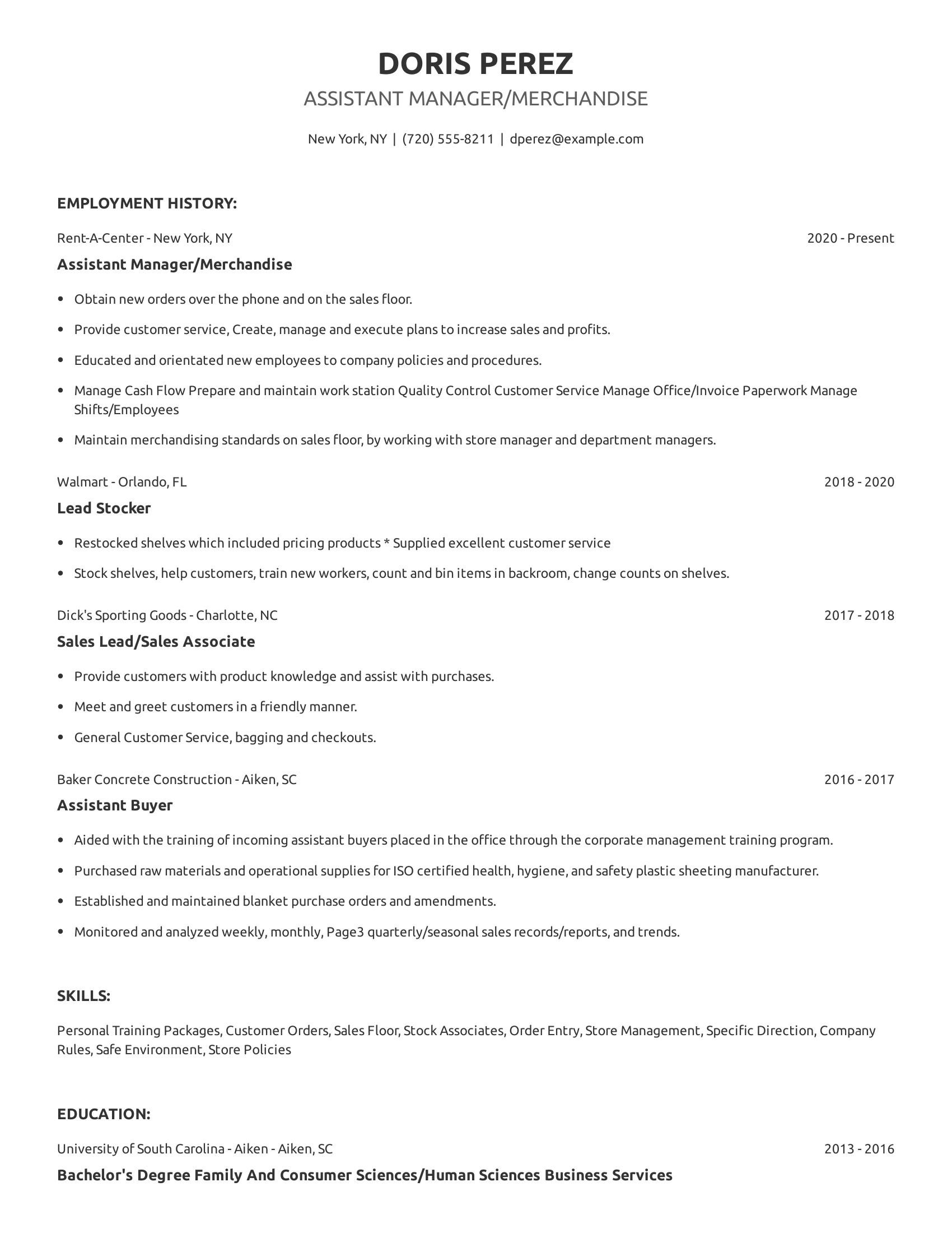 Assistant Manager/Merchandise resume example