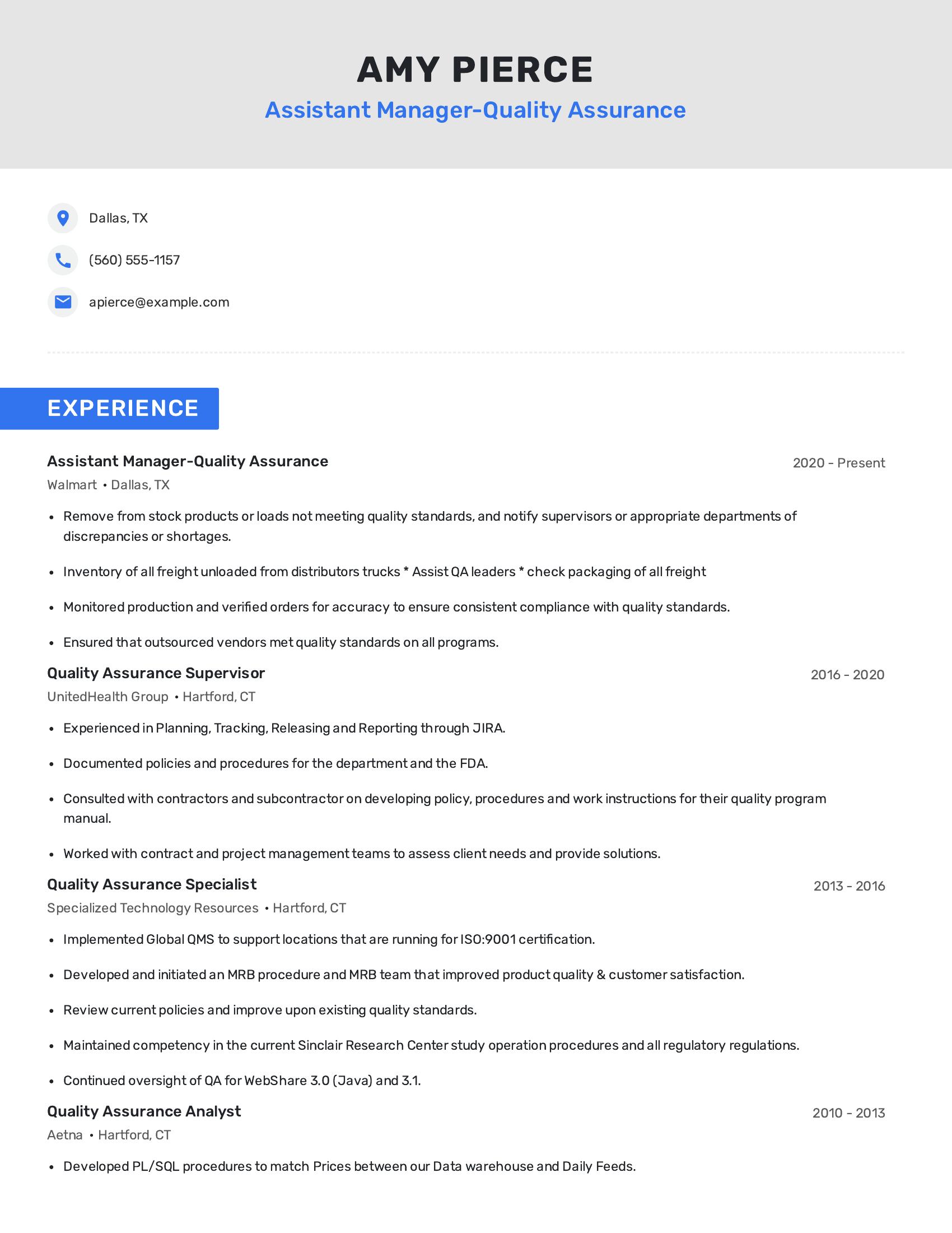 Assistant Manager-Quality Assurance resume example
