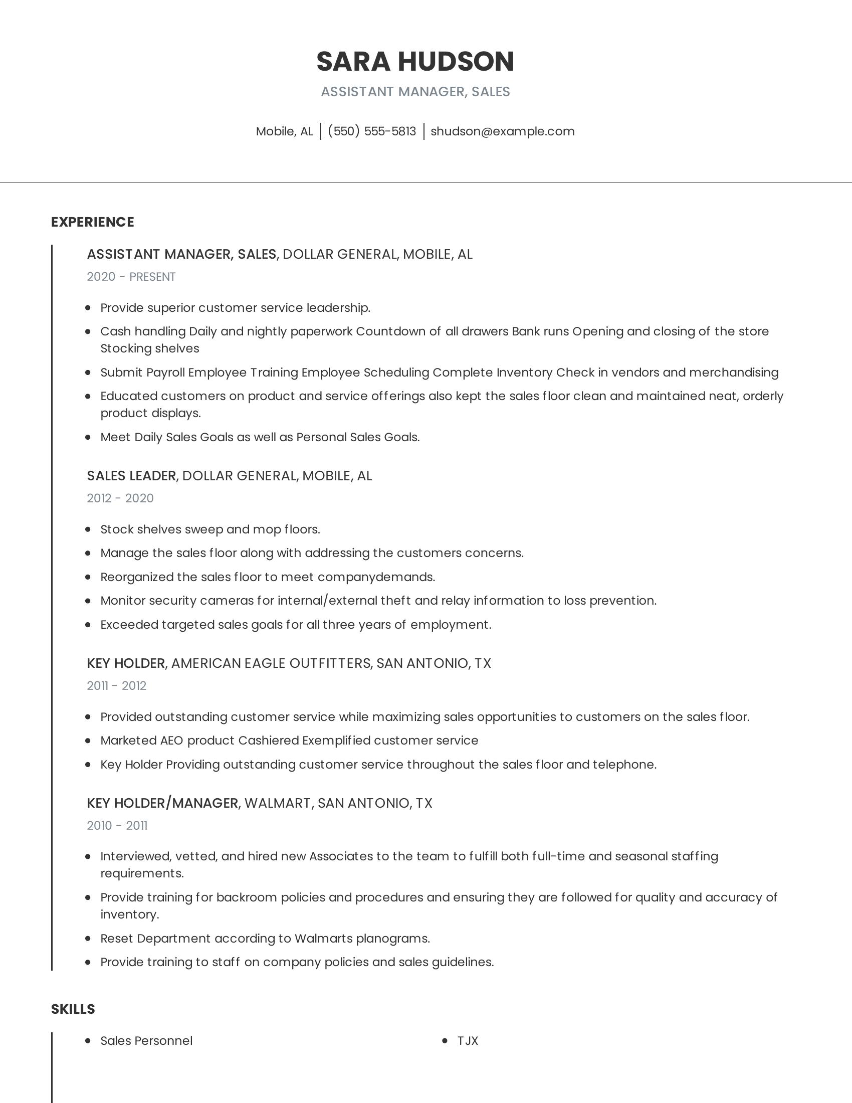 Assistant Manager, Sales resume example