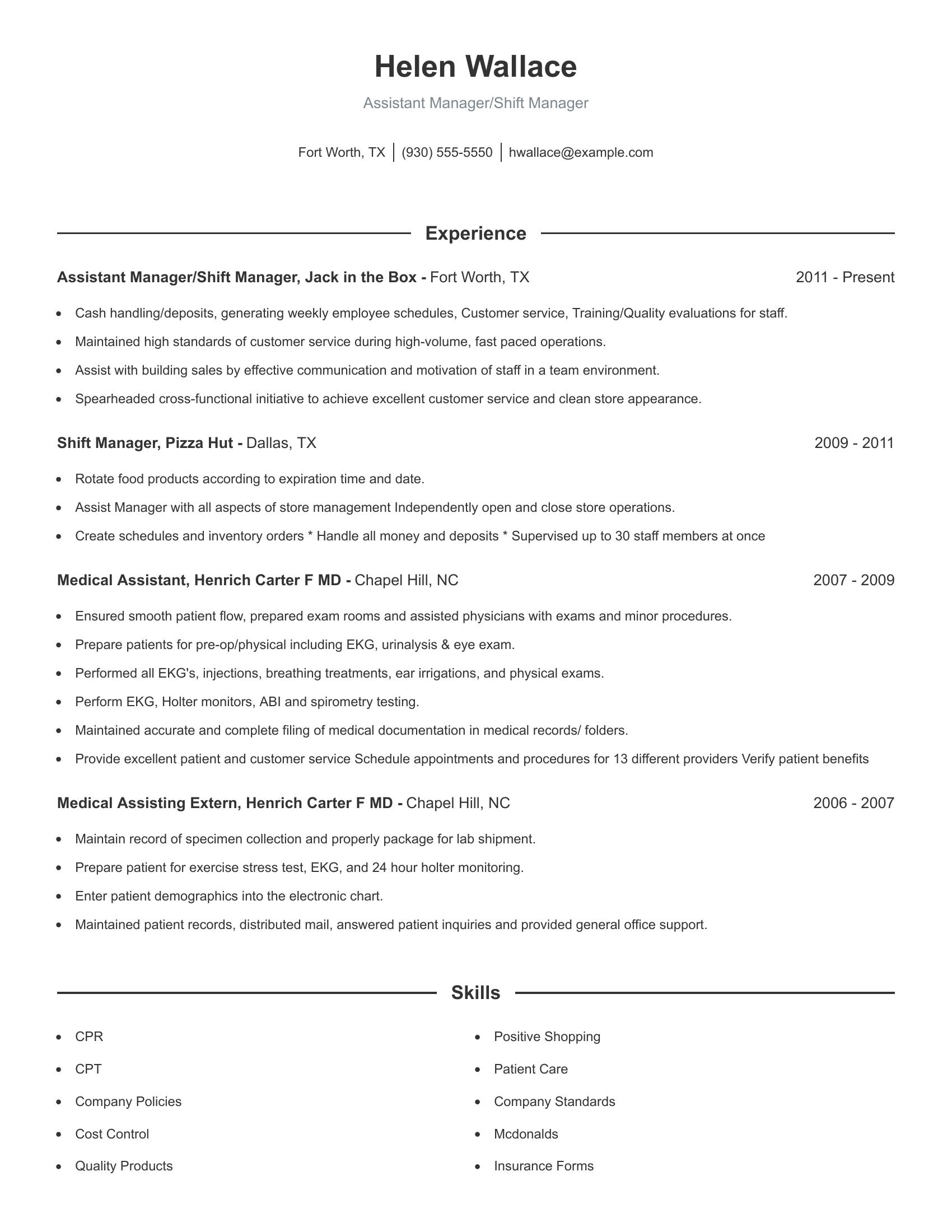 Assistant Manager/Shift Manager resume example