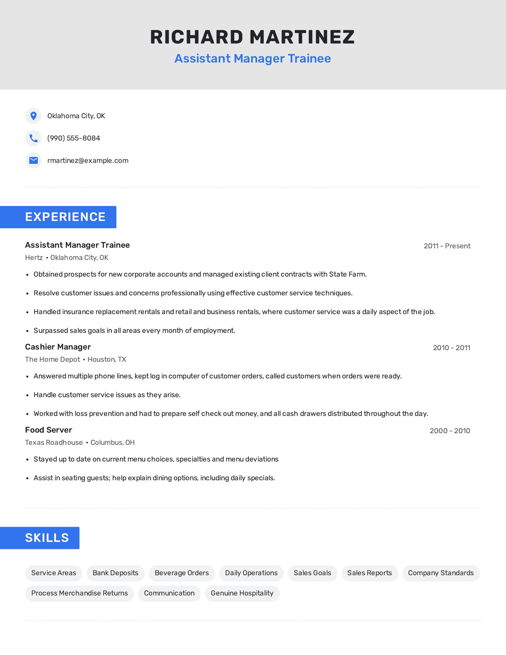 Assistant Manager Trainee resume example