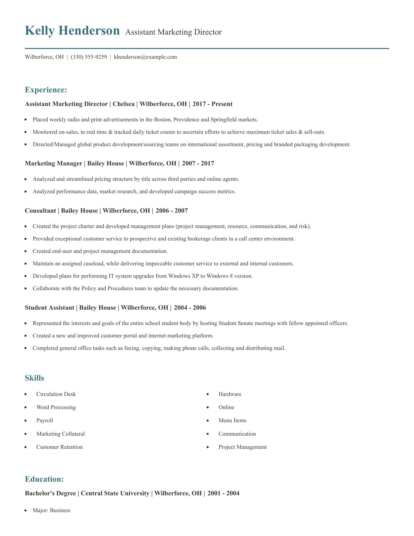 Assistant Marketing Director resume example