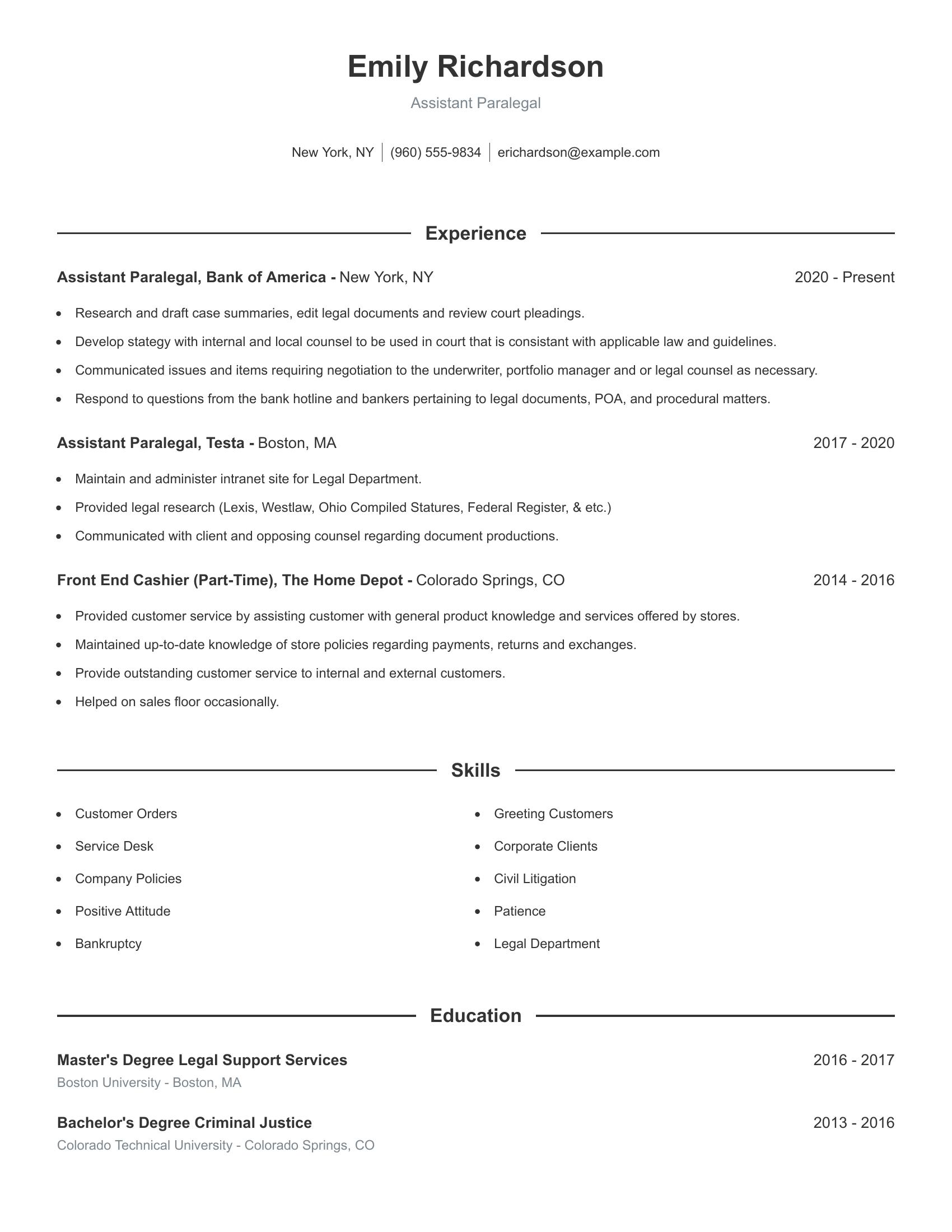 Assistant Paralegal resume example