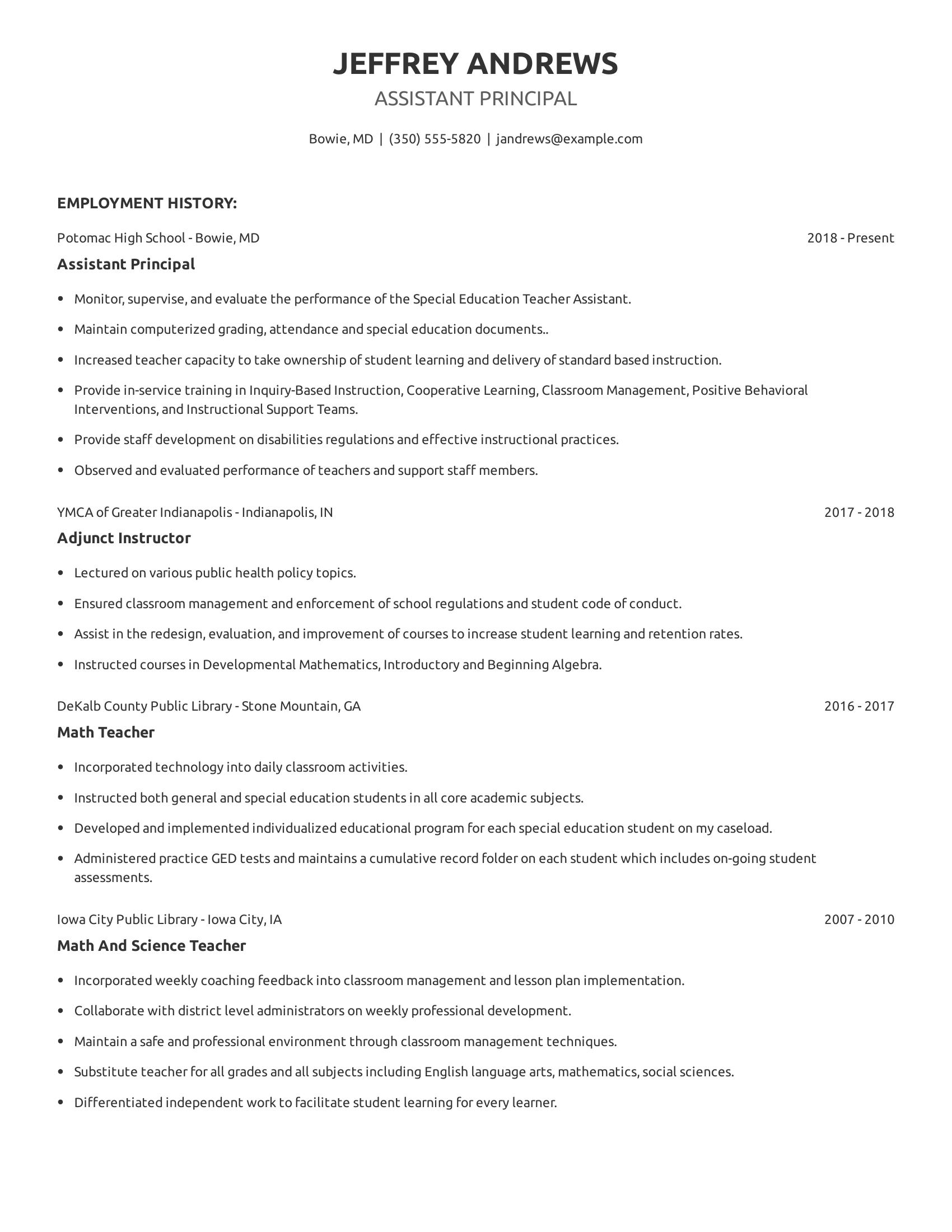 Assistant Principal resume example