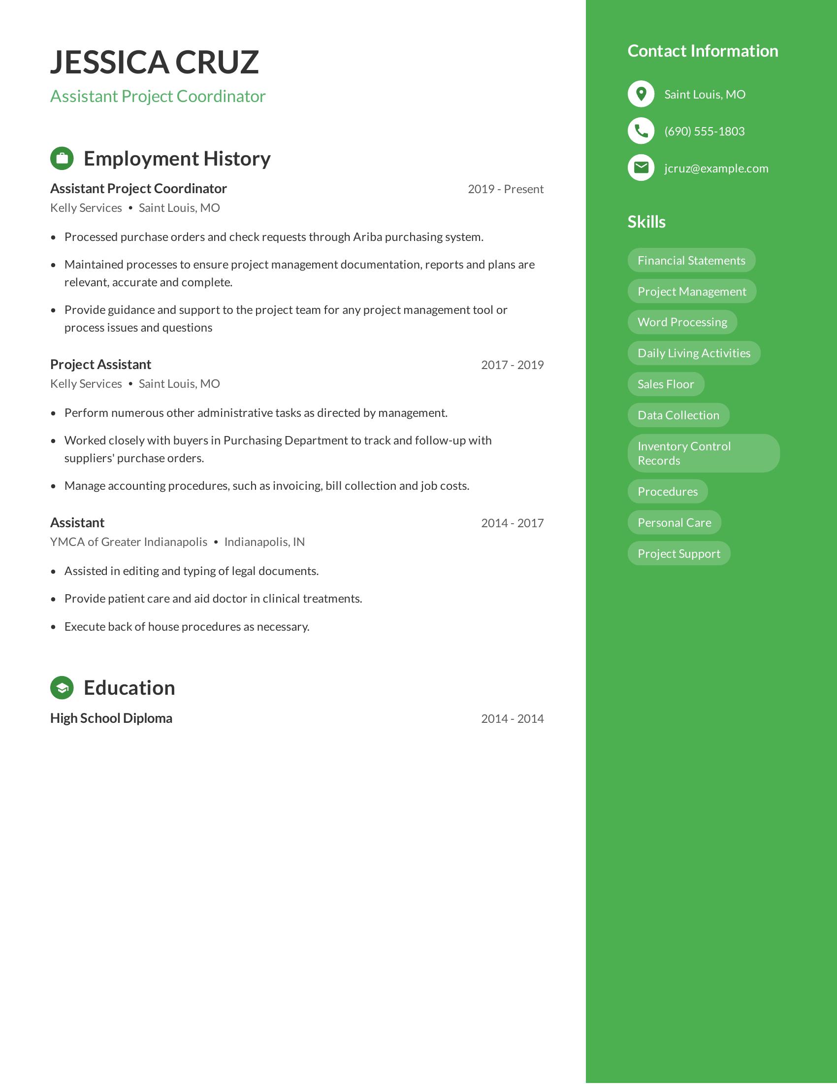 Assistant Project Coordinator resume example