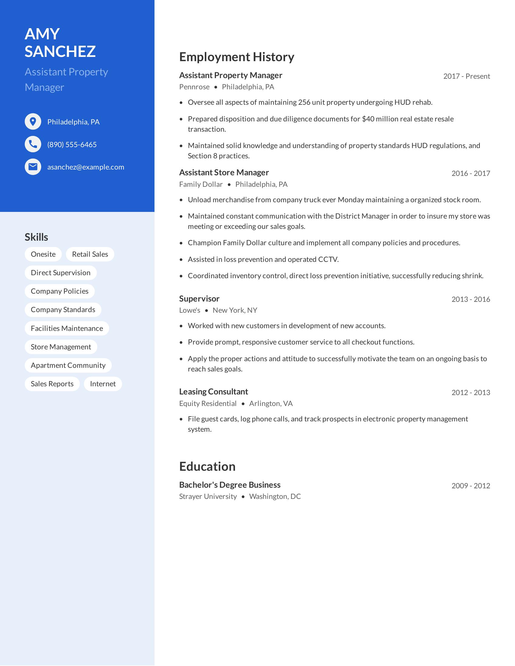 Assistant Property Manager resume example