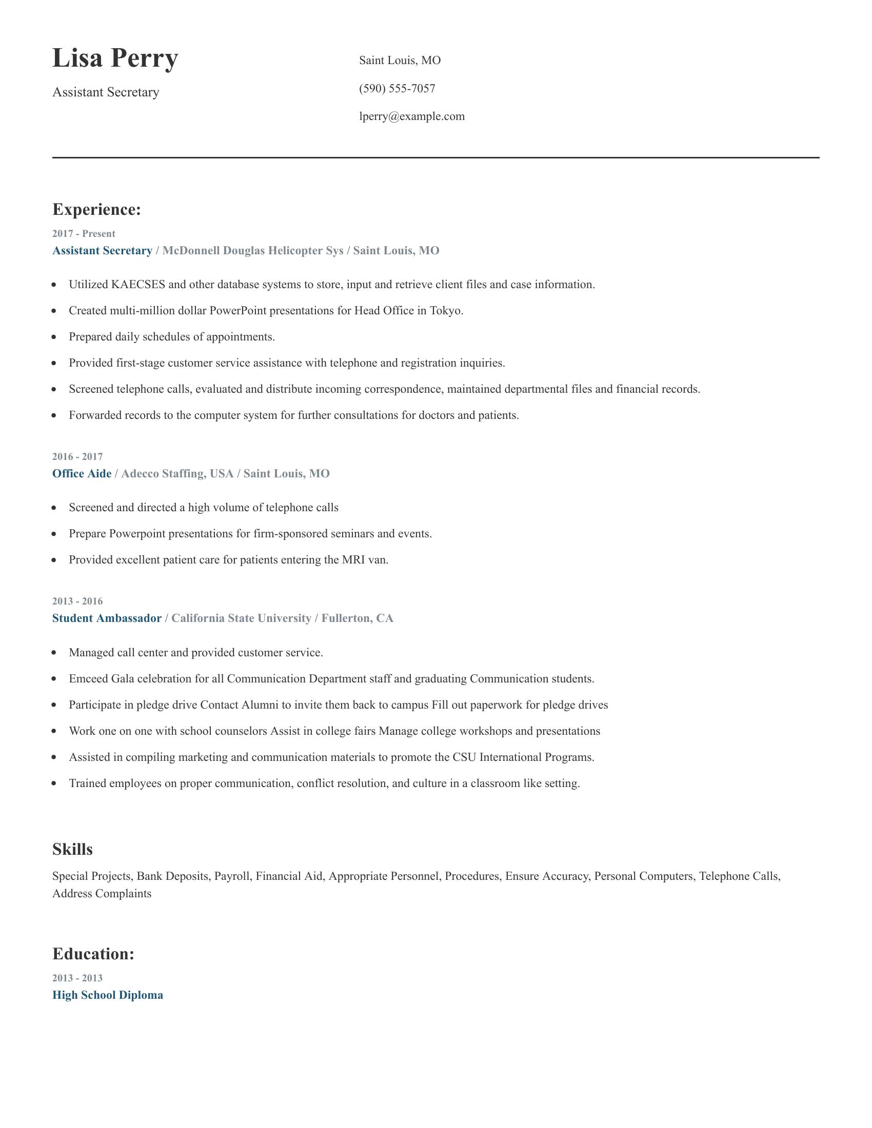 Assistant Secretary resume example