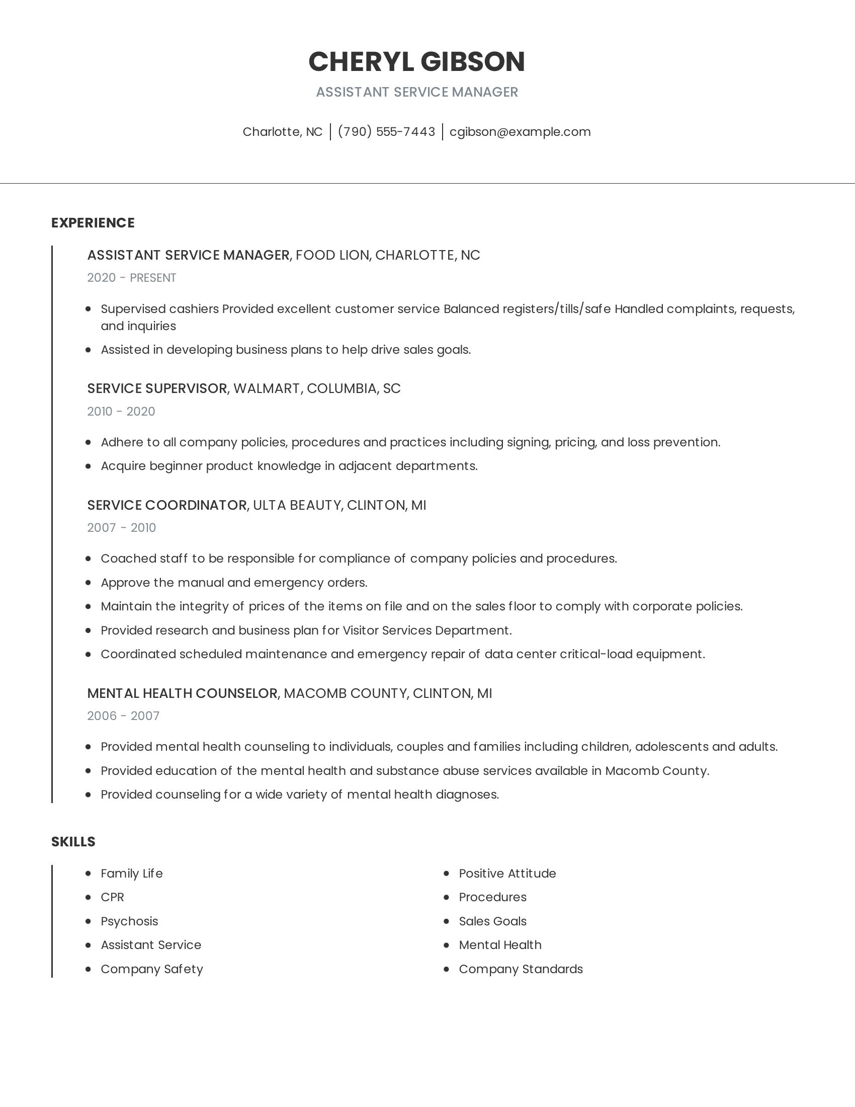 Assistant Service Manager resume example