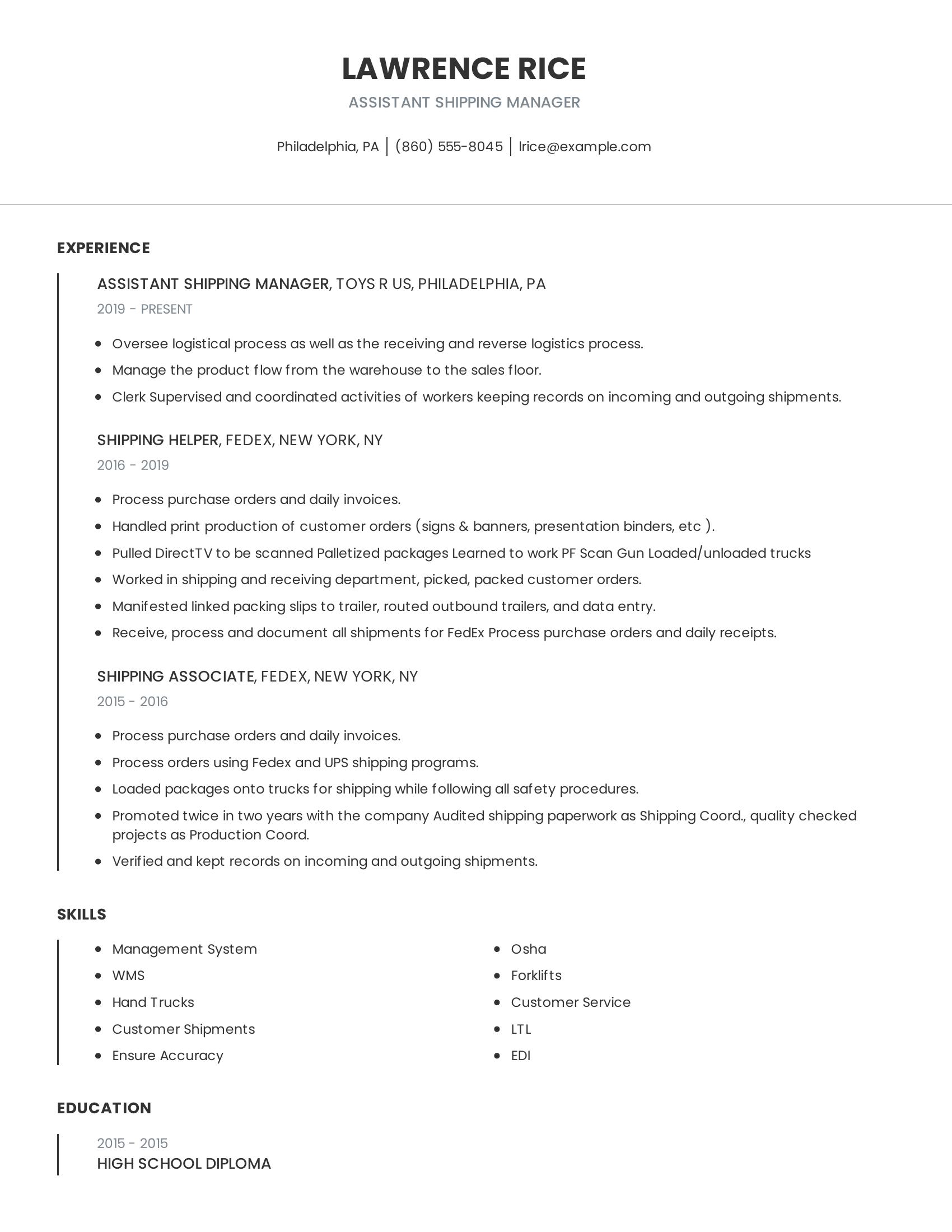 Assistant Shipping Manager resume example