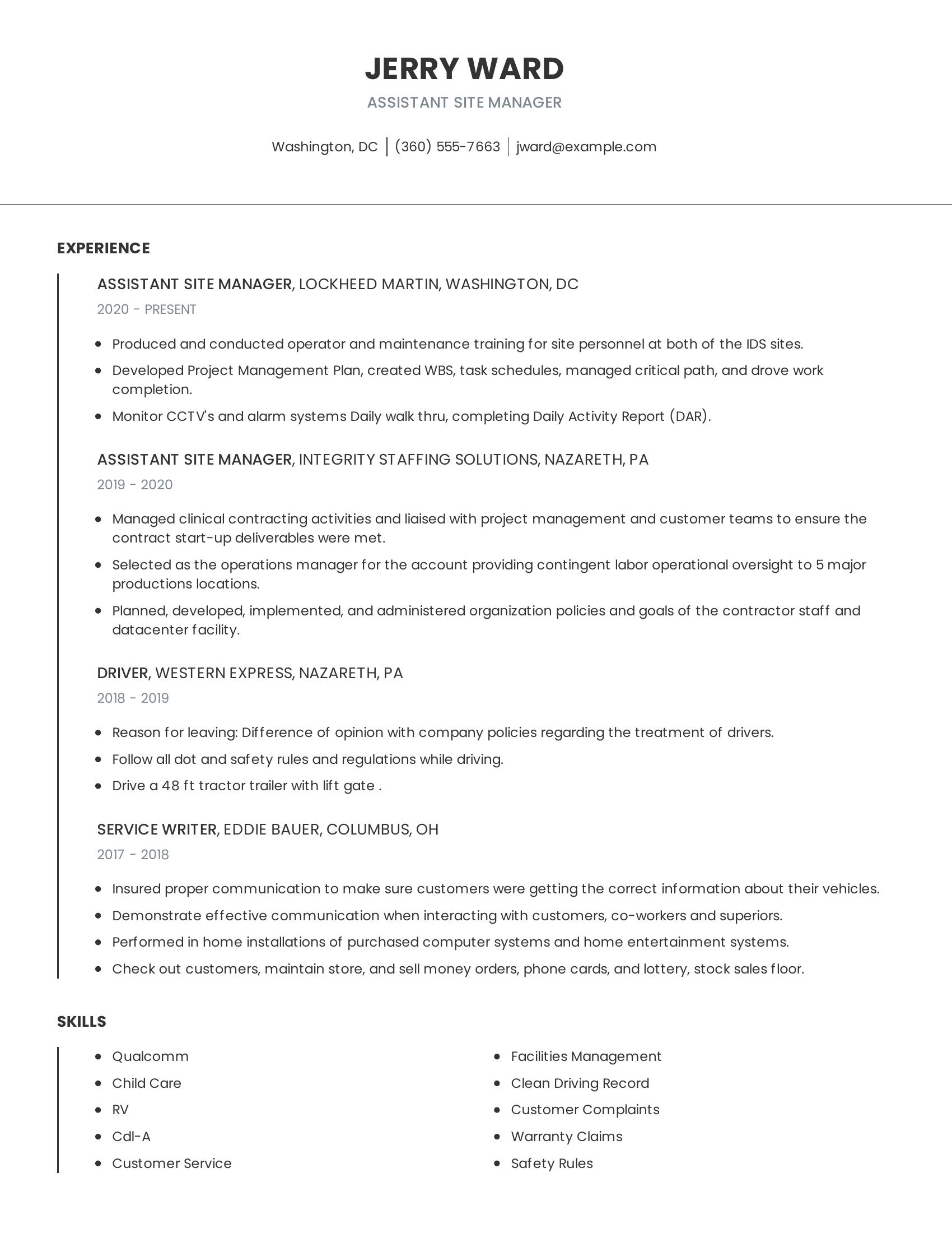 Assistant Site Manager resume example