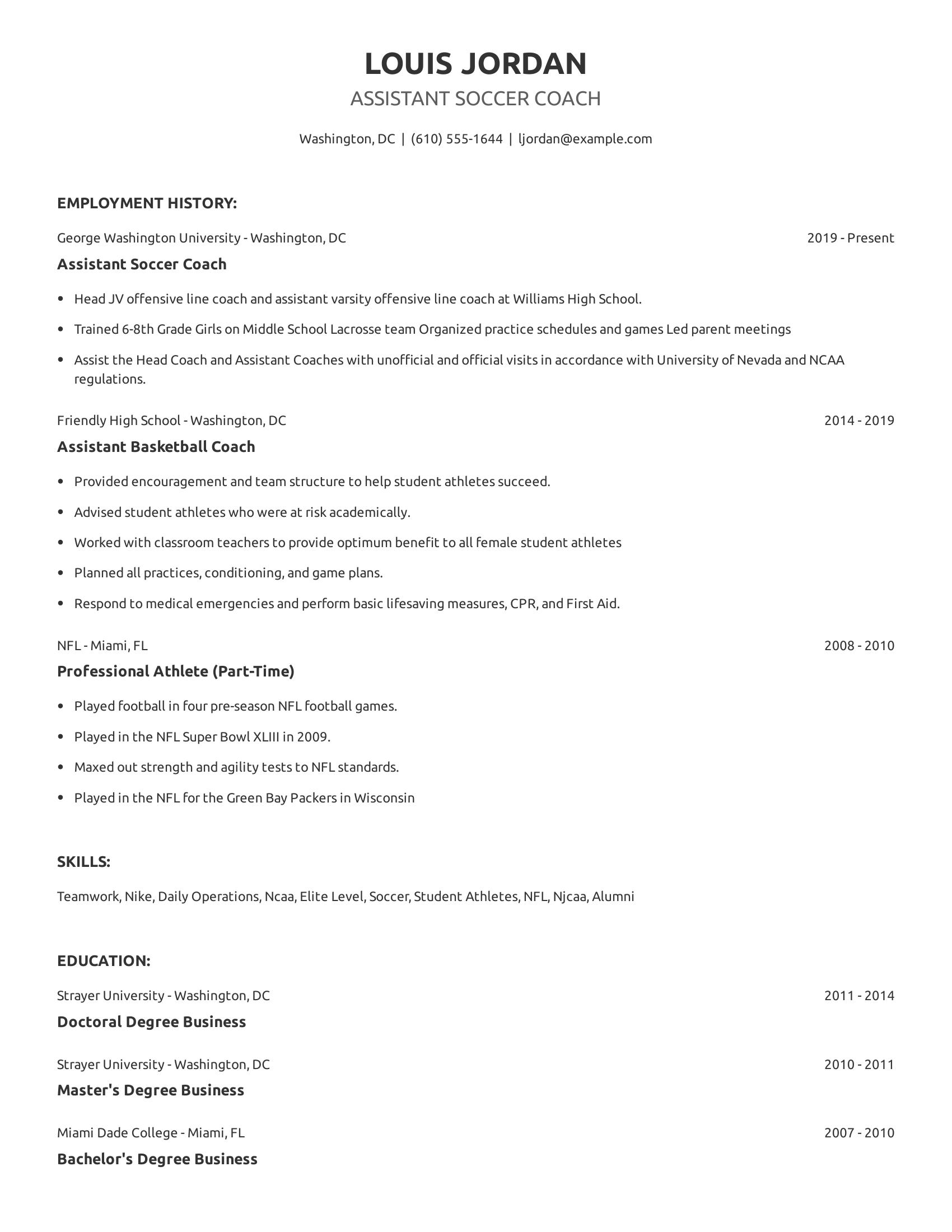 Assistant Soccer Coach resume example