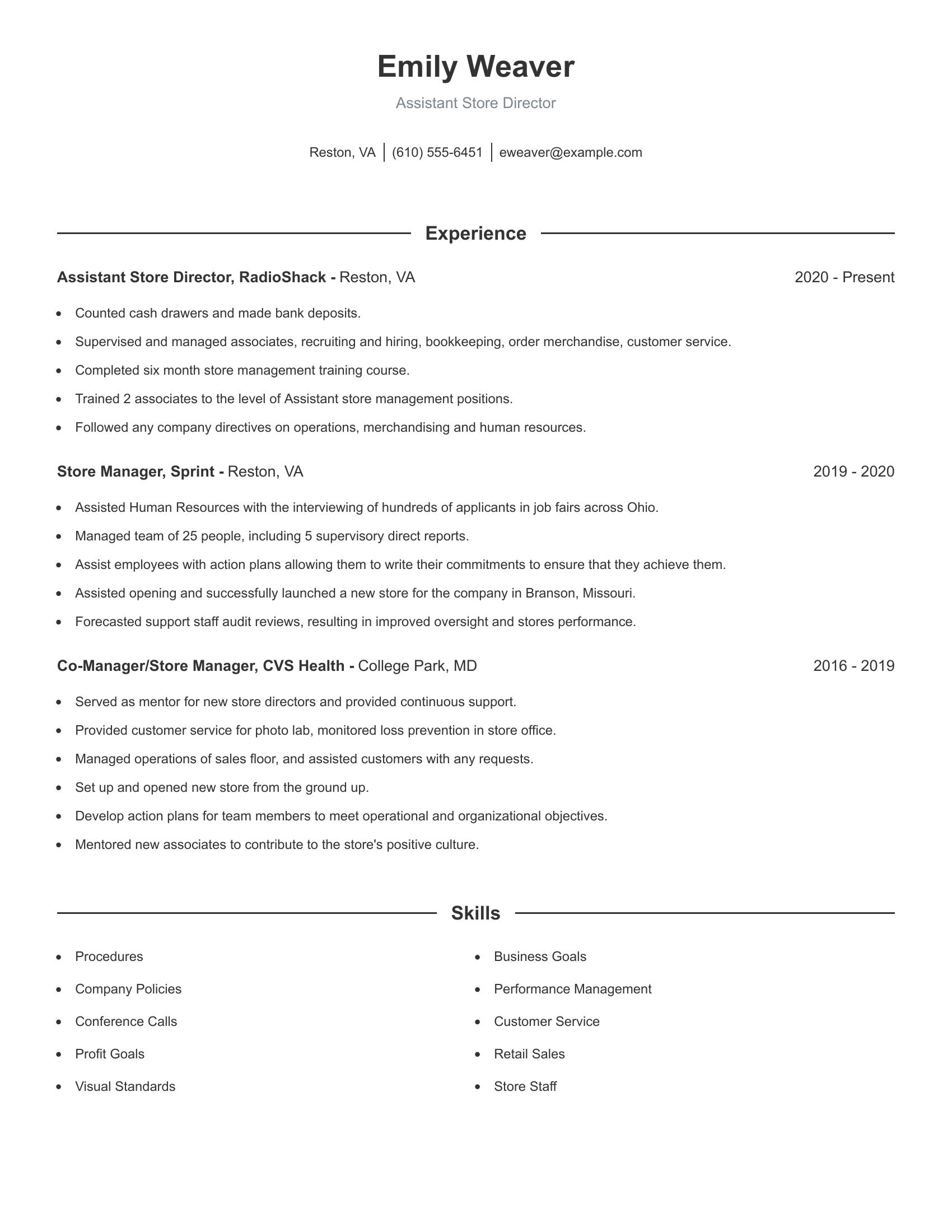 Assistant Store Director resume example