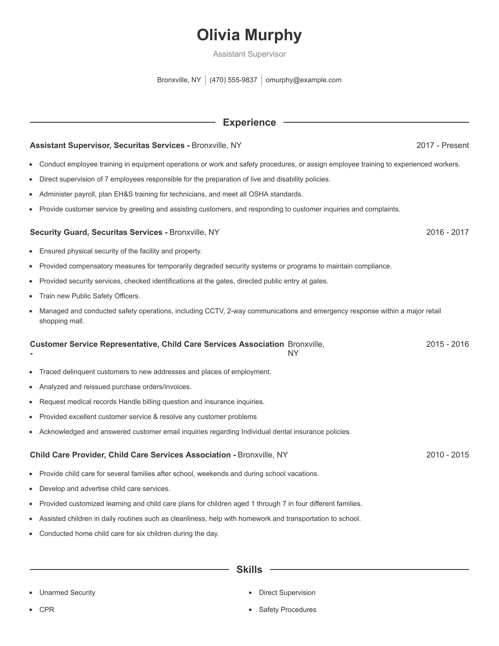 Assistant Supervisor resume example