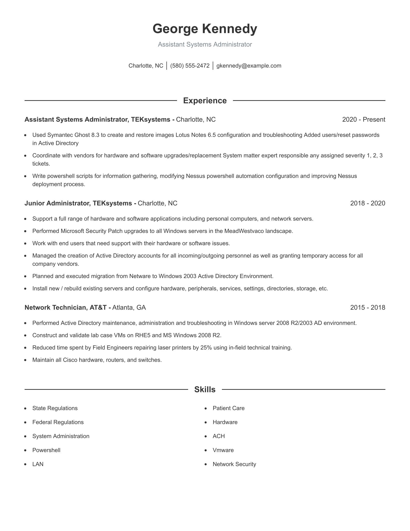 Assistant Systems Administrator resume example