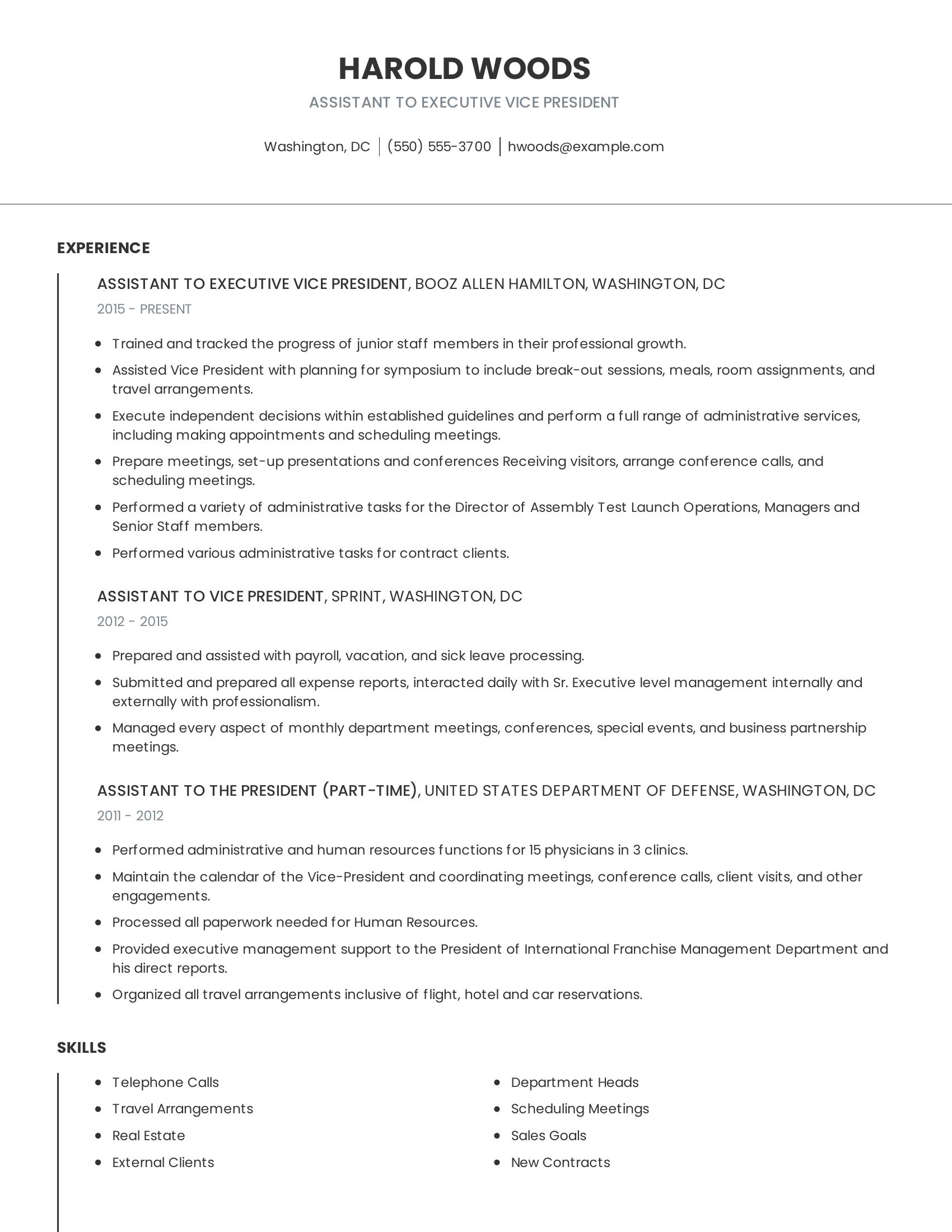 Assistant To Executive Vice President resume example