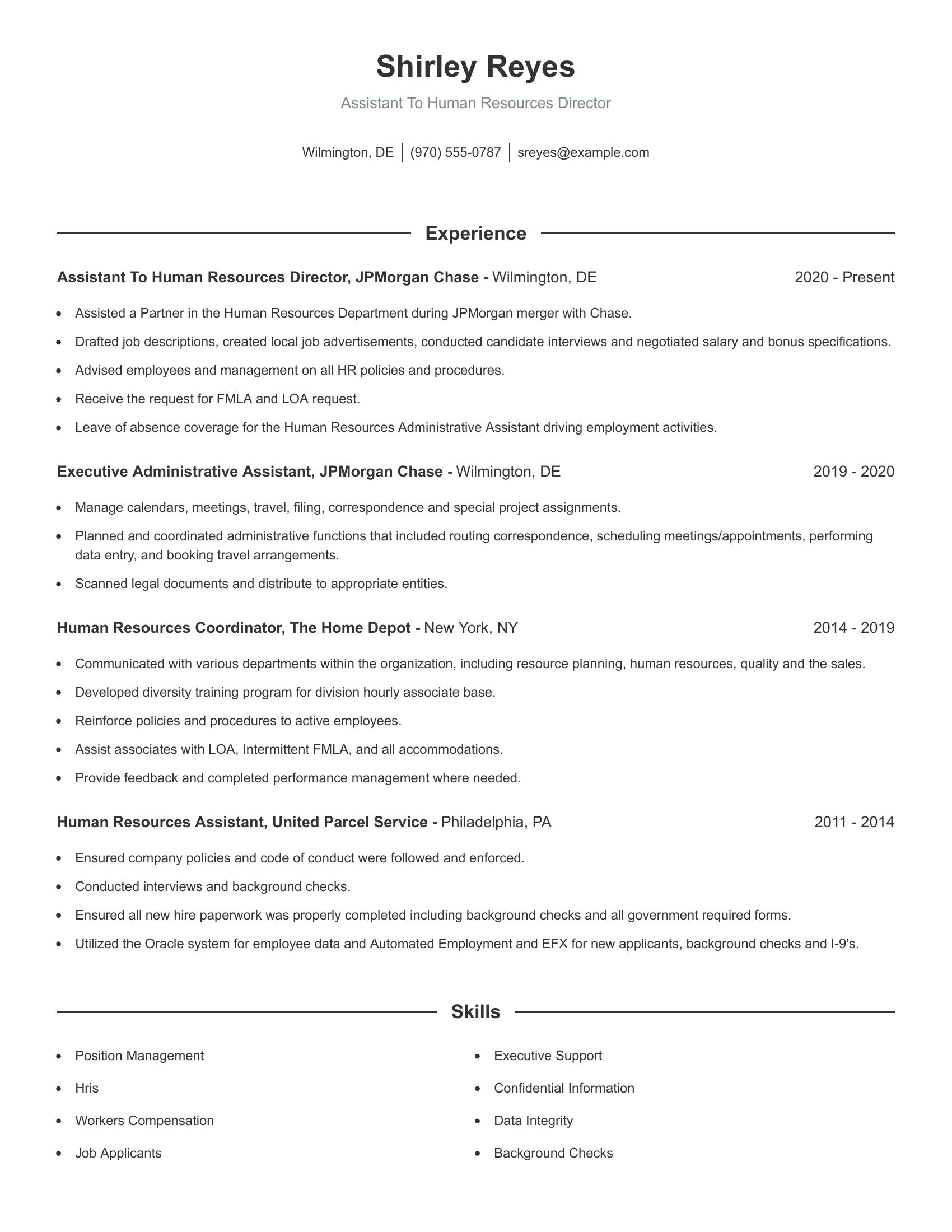 Assistant To Human Resources Director resume example