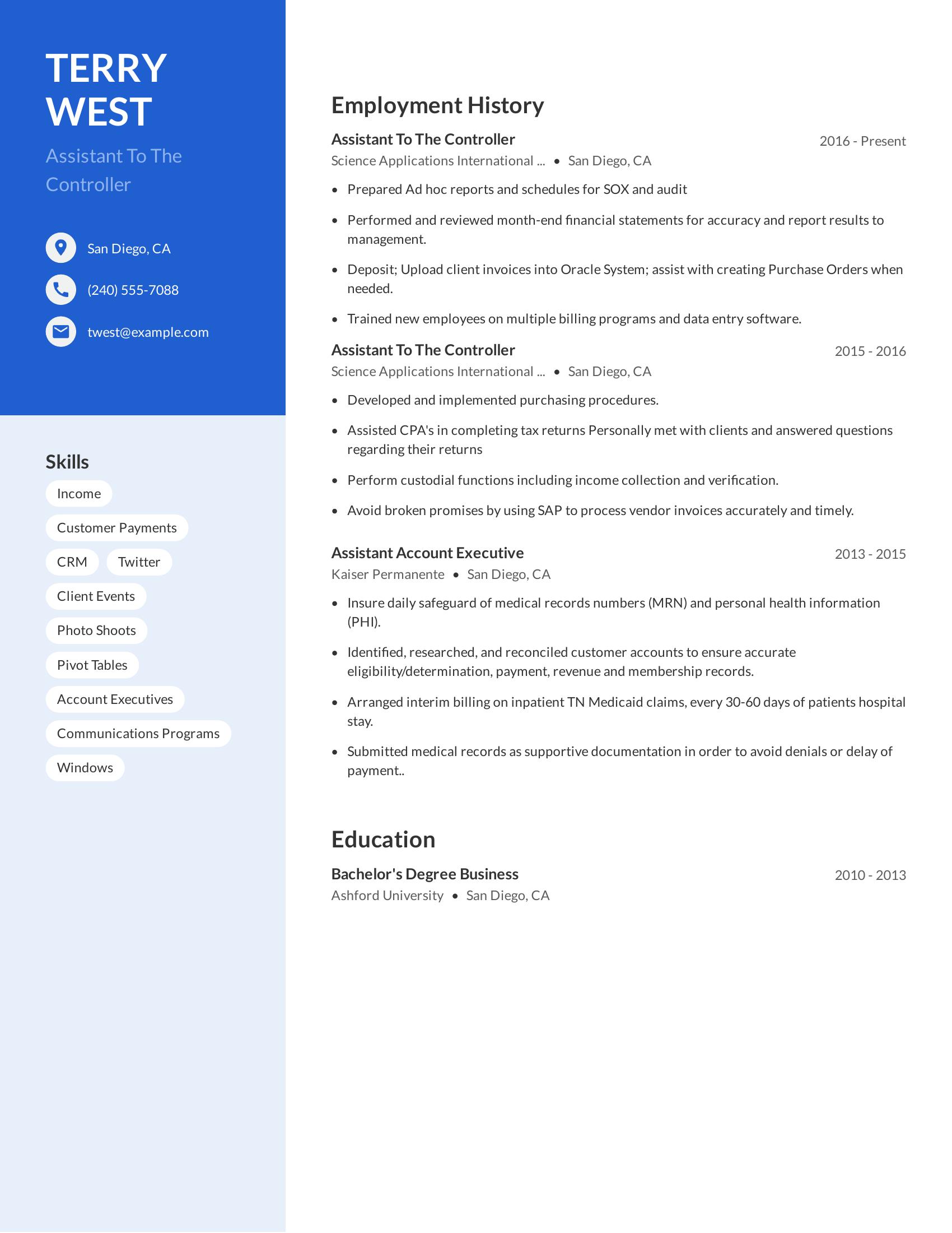 Assistant To The Controller resume example