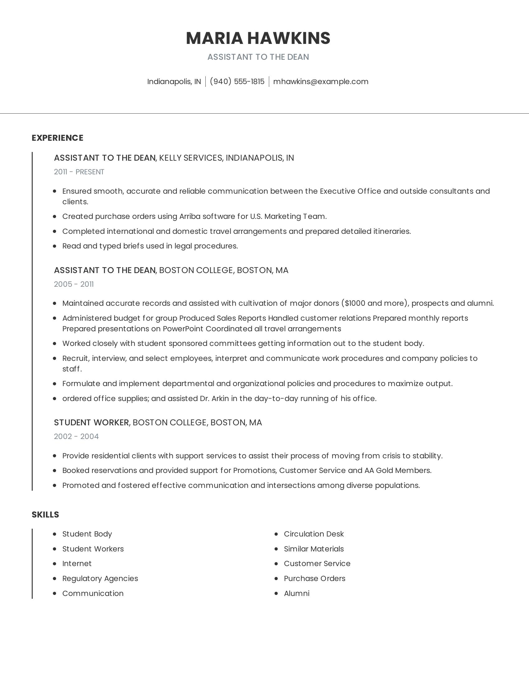 Assistant To The Dean resume example